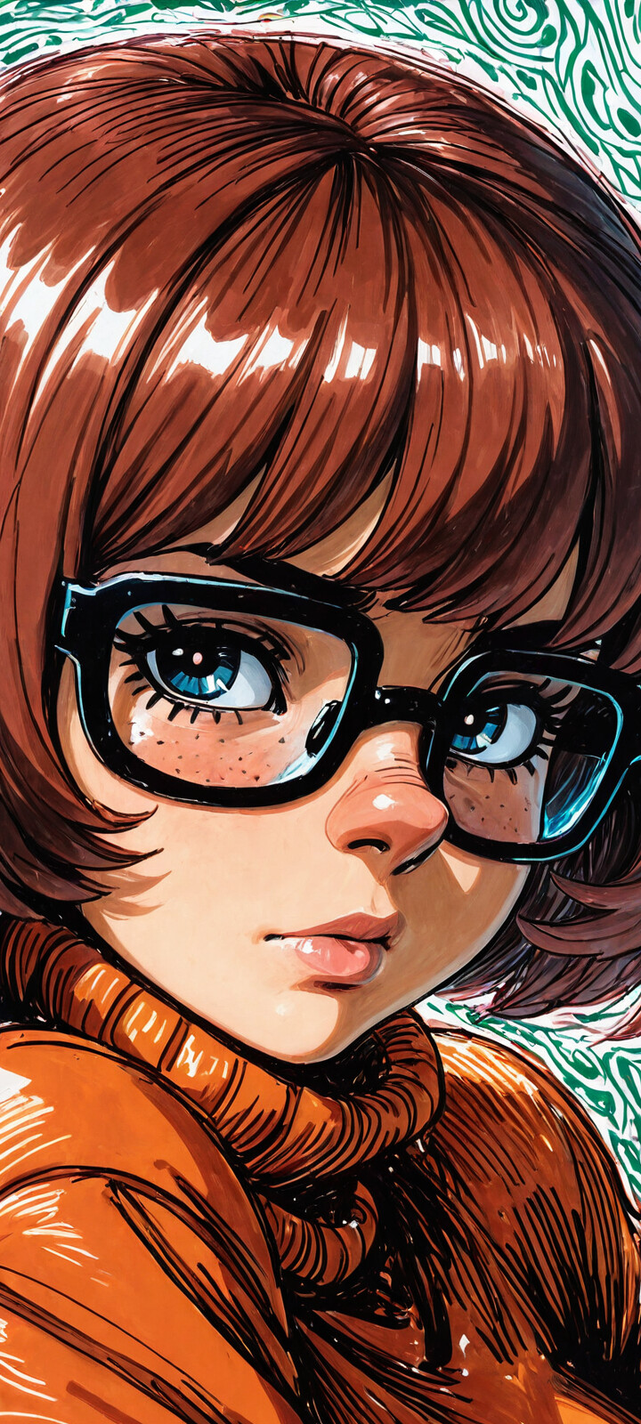 A close-up, comic-style illustration of Velma from Scooby-Doo. The focus is on her right eye, which is a vibrant blue-green, seen through her thick black glasses. She has a brown bob haircut and freckles across her nose and cheeks.