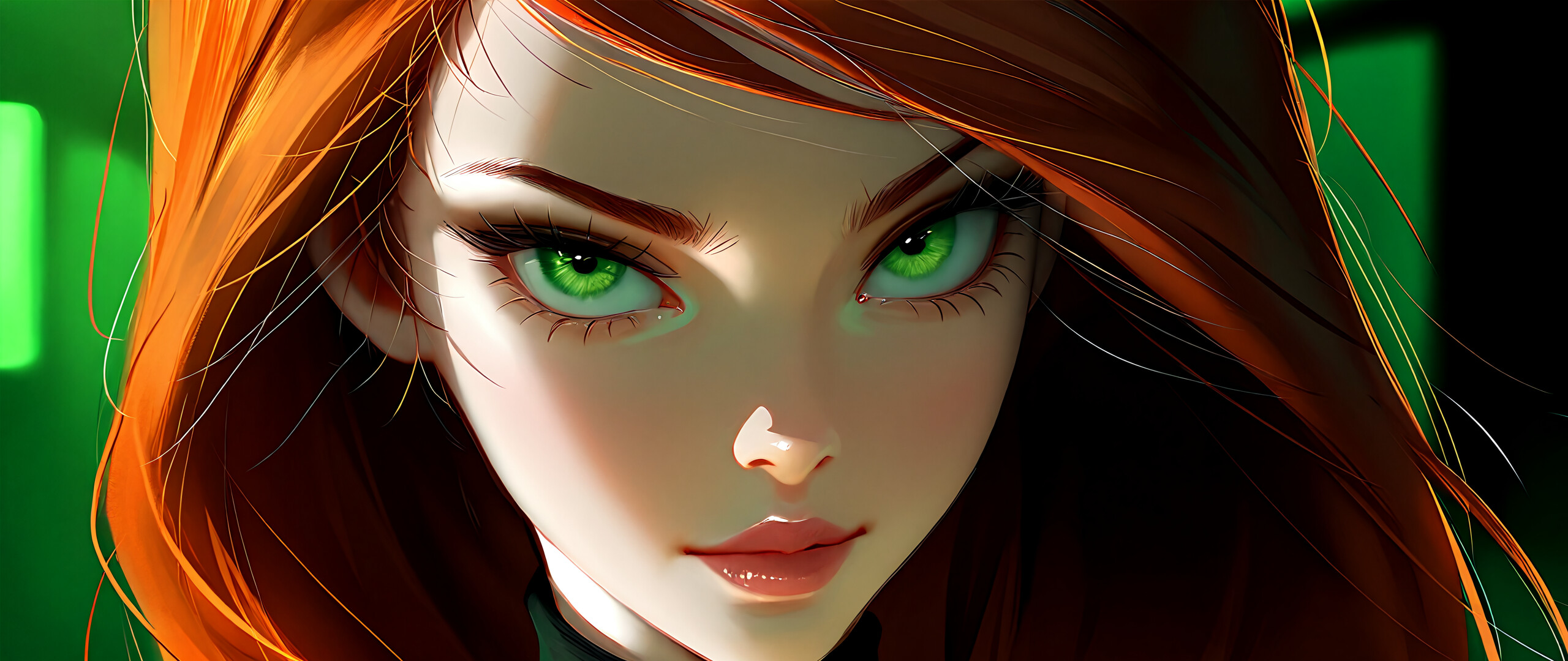 A digital portrait of Kim Possible, a young woman with long, shiny red hair, bright green eyes, and fair skin. She wears a black turtleneck and has a silver hair clip in her hair. She has a serious expression and is looking slightly away from the viewer against a vibrant green background.