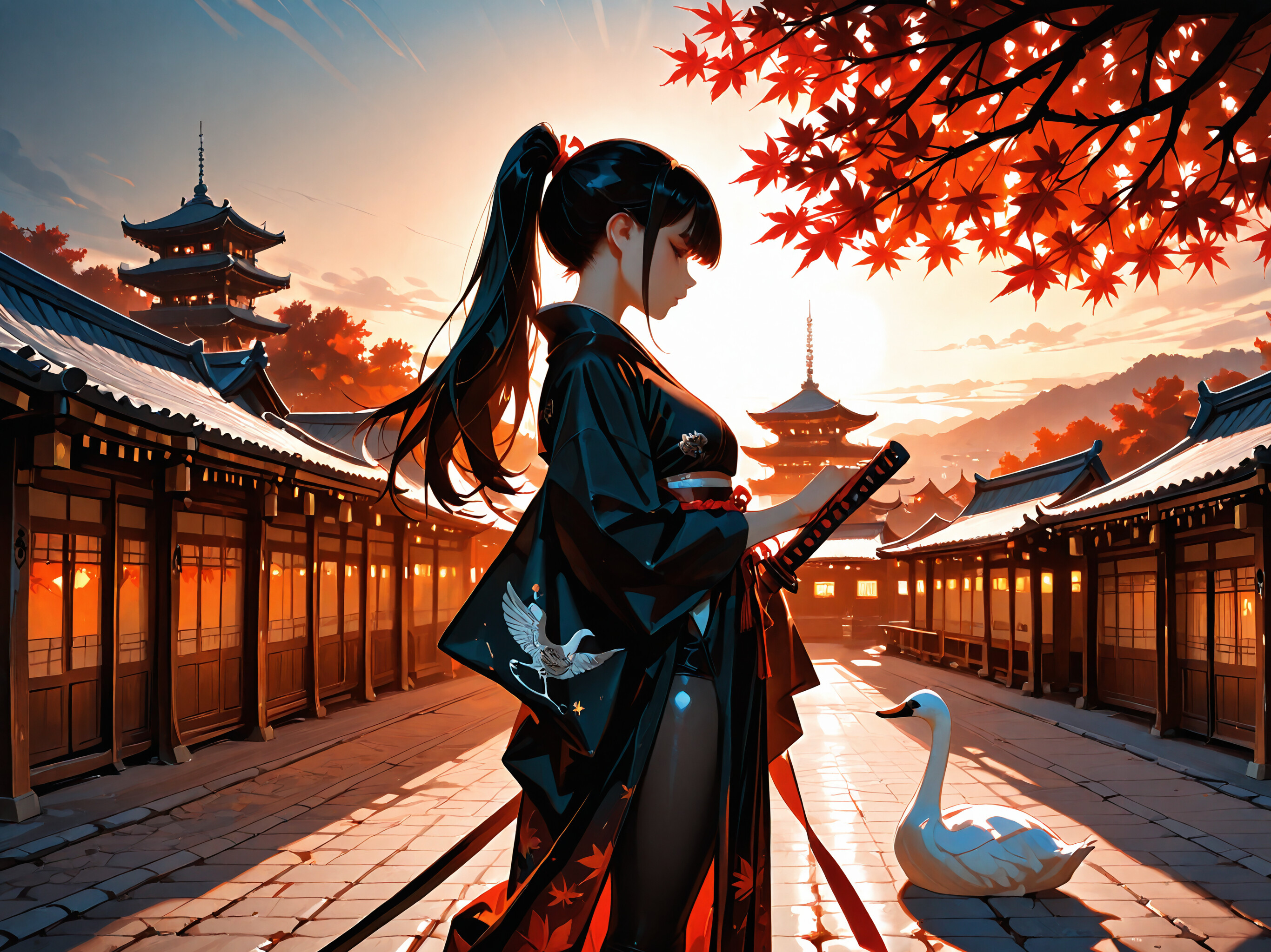 An anime-style illustration of a woman with a long black ponytail in a black kimono holding a katana. She stands on a stone path in a traditional Japanese village at sunset, with red maple leaves overhead and a pagoda in the distance.