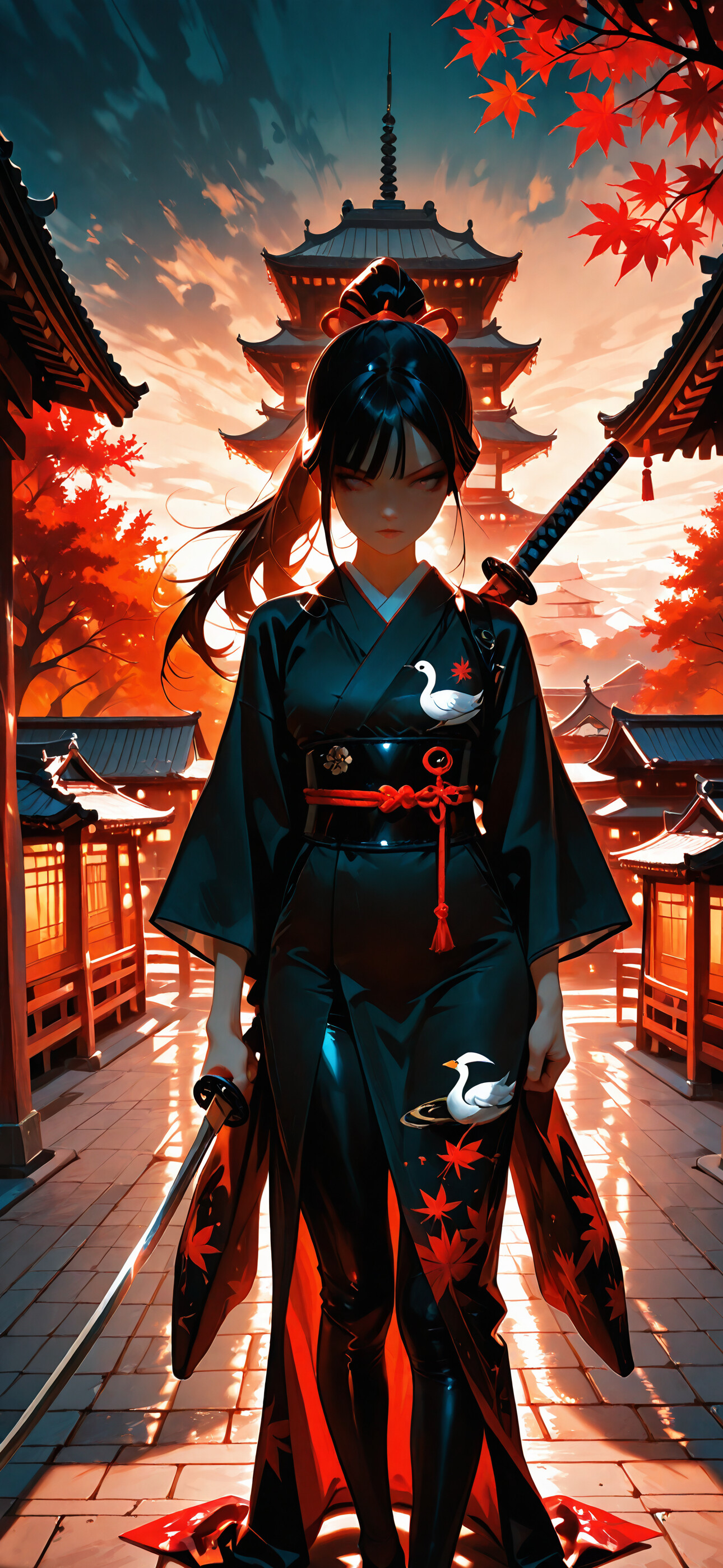 An anime-style illustration of a woman with a long black ponytail in a black kimono holding a katana. She stands on a stone path in a traditional Japanese village at sunset, with red maple leaves overhead and a pagoda in the distance.