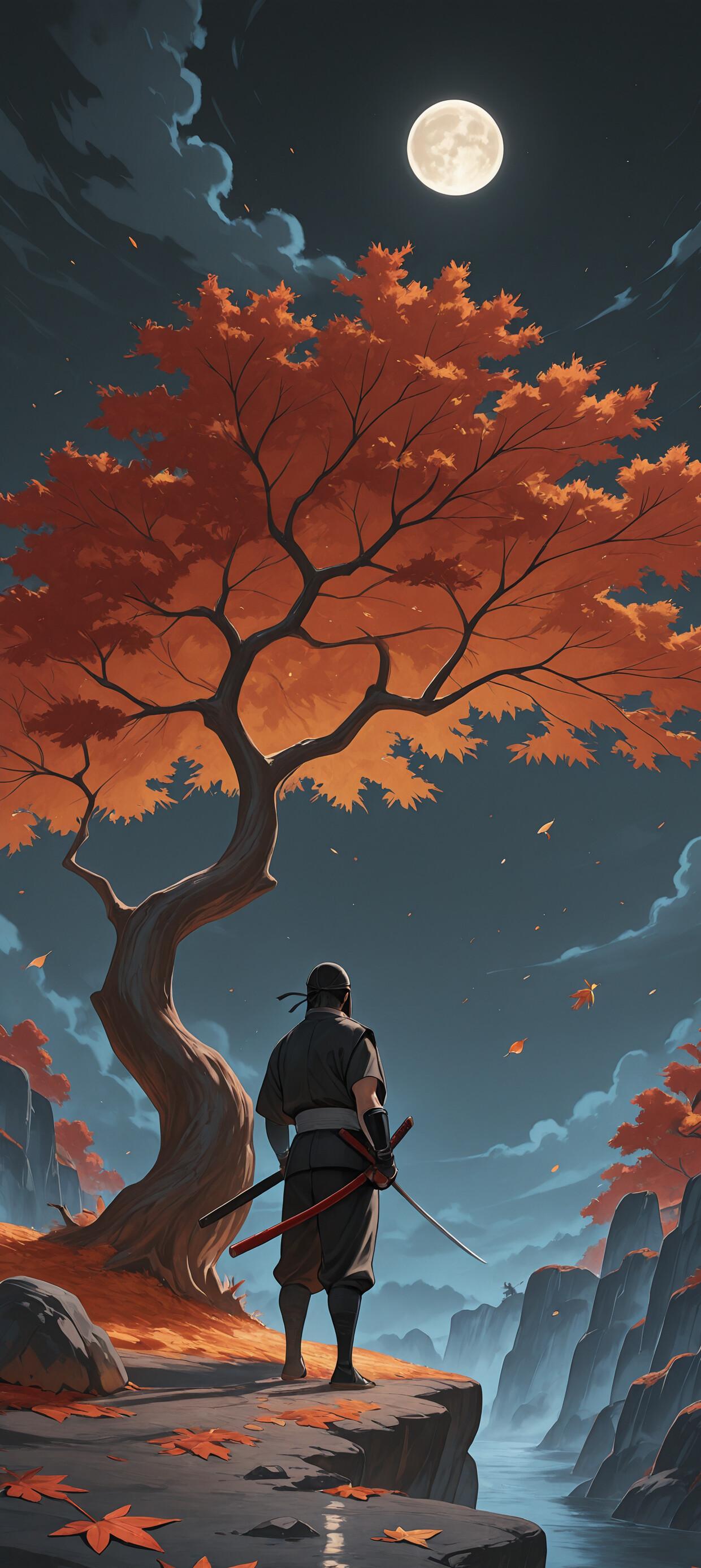 A samurai warrior seen from behind, holding two katanas, stands in a river at night looking up at a towering mountain under a full moon. The landscape is filled with trees bearing bright orange autumn leaves.