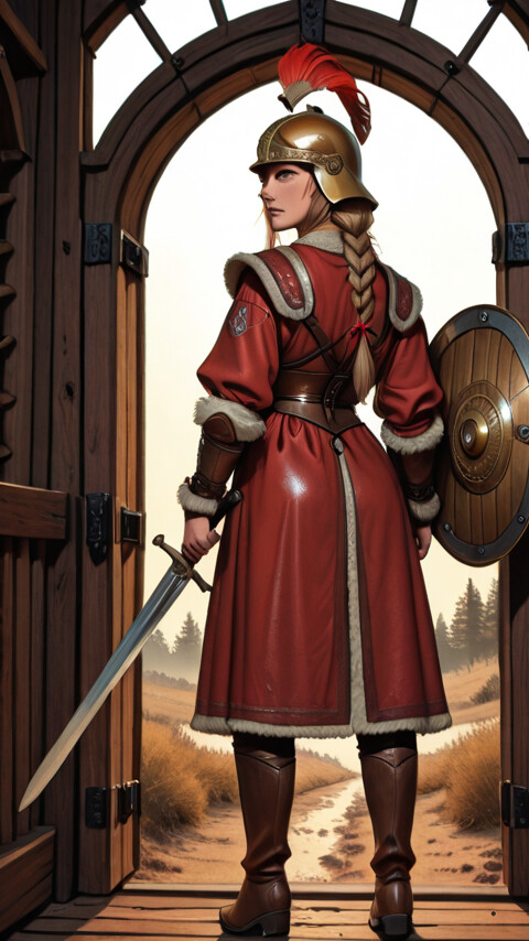 A female warrior with long braided hair, wearing a red dress, golden helmet, and armor, stands with her back mostly to the viewer at the open wooden gate of a fortress, holding a sword and shield.