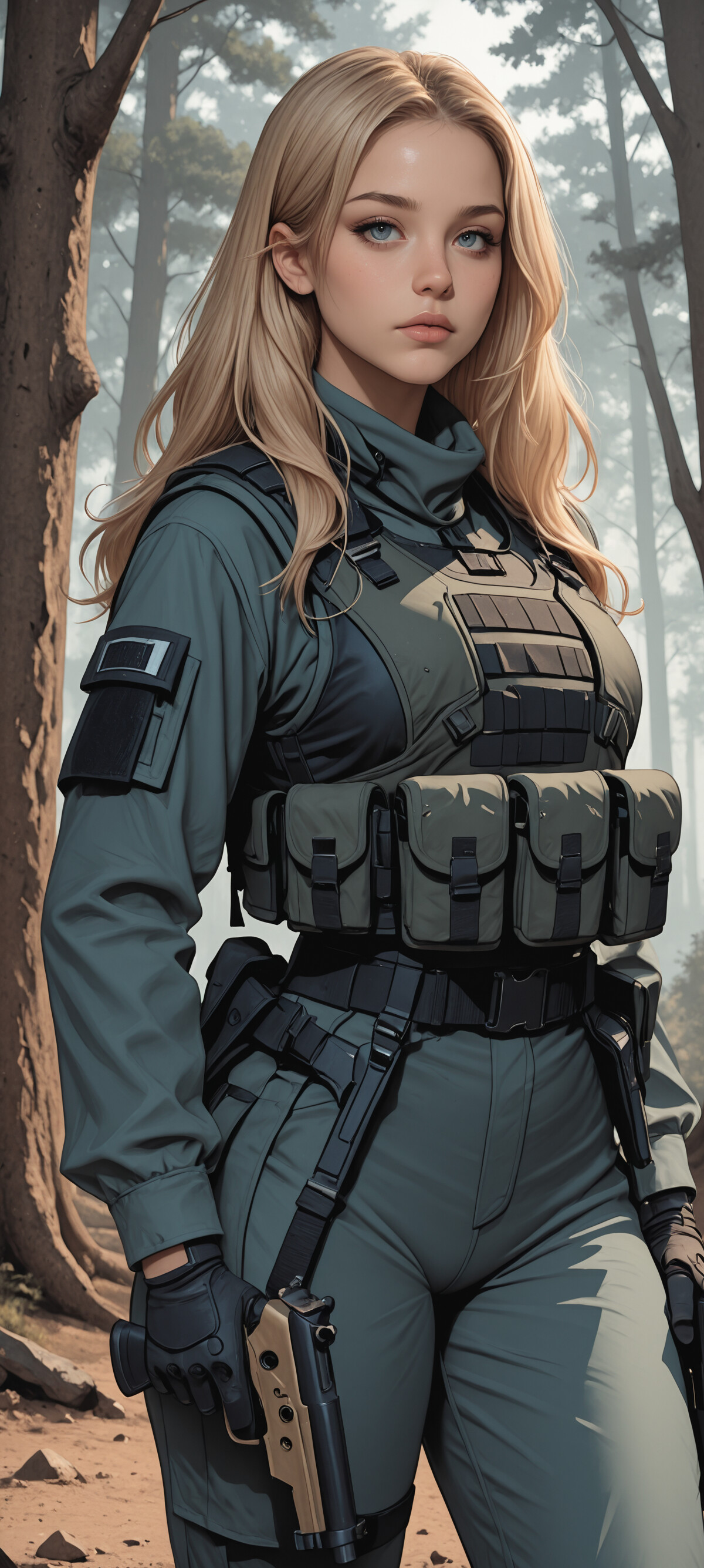 A young blonde woman with blue eyes dressed in tactical gear, holding a pistol in a forest setting.