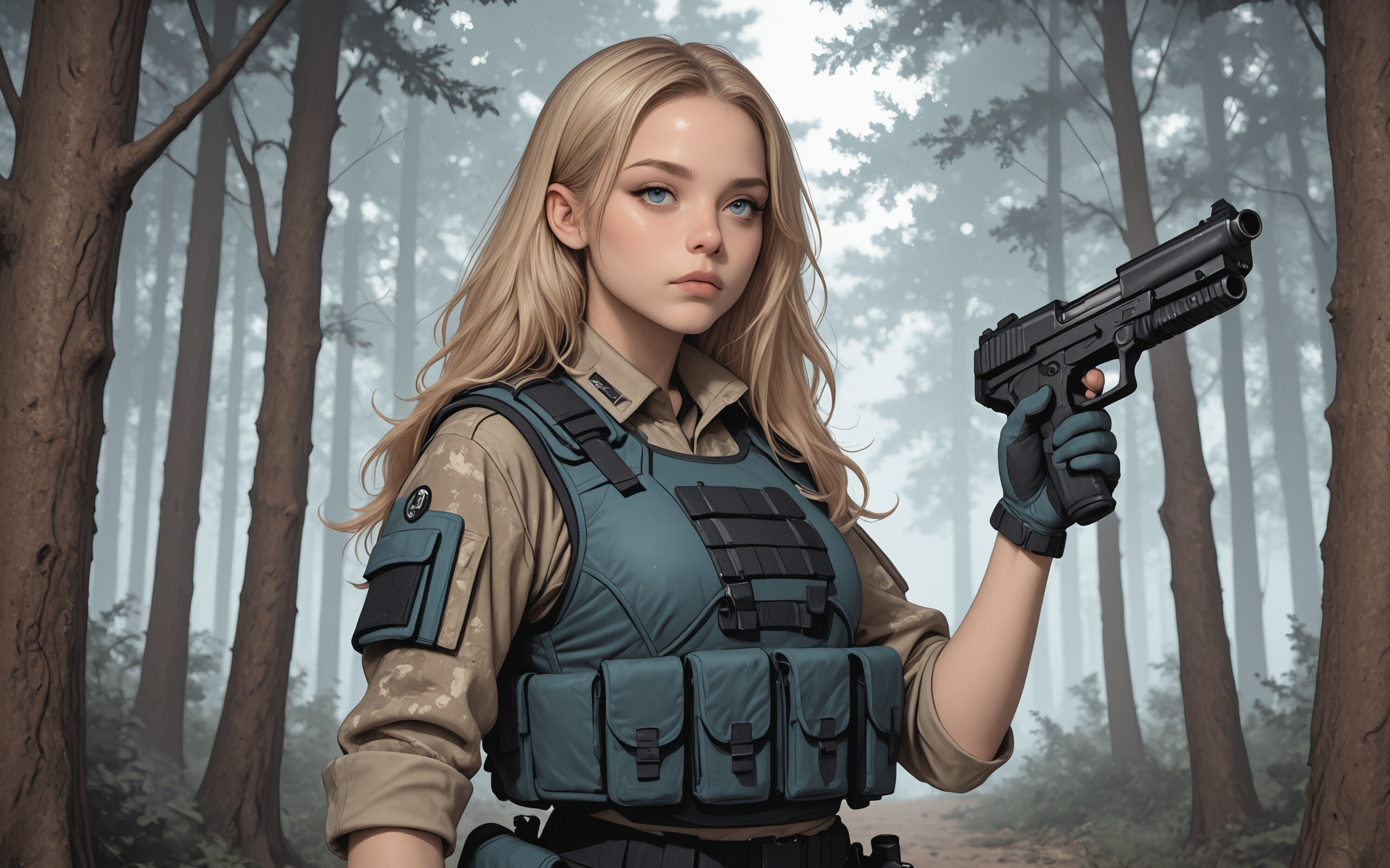 A young blonde woman with blue eyes dressed in tactical gear, holding a pistol in a forest setting.