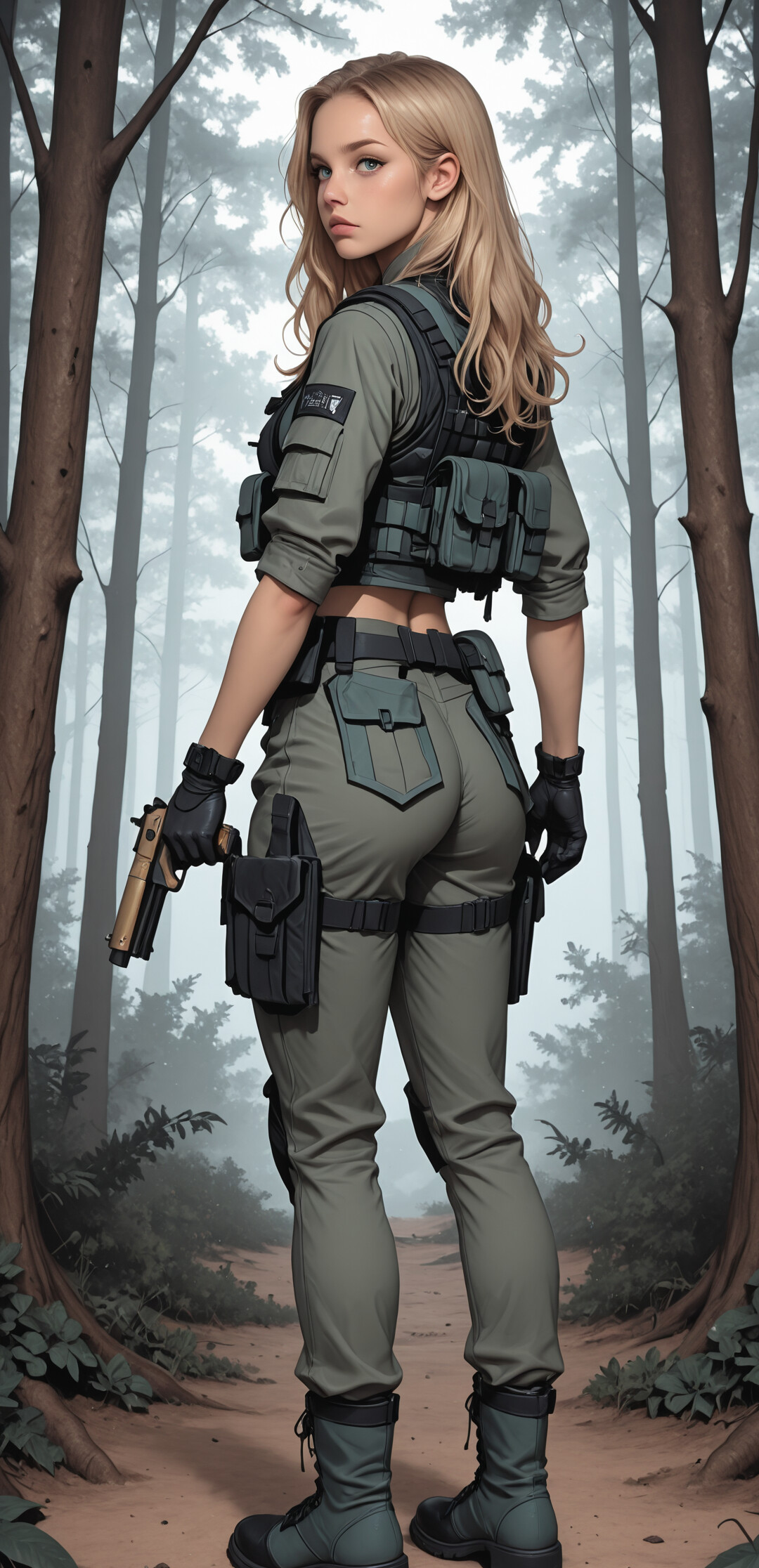 A full-body illustration of a blonde female soldier in a green tactical uniform and armored vest, standing on a forest path and looking over her shoulder while holding a golden pistol.
