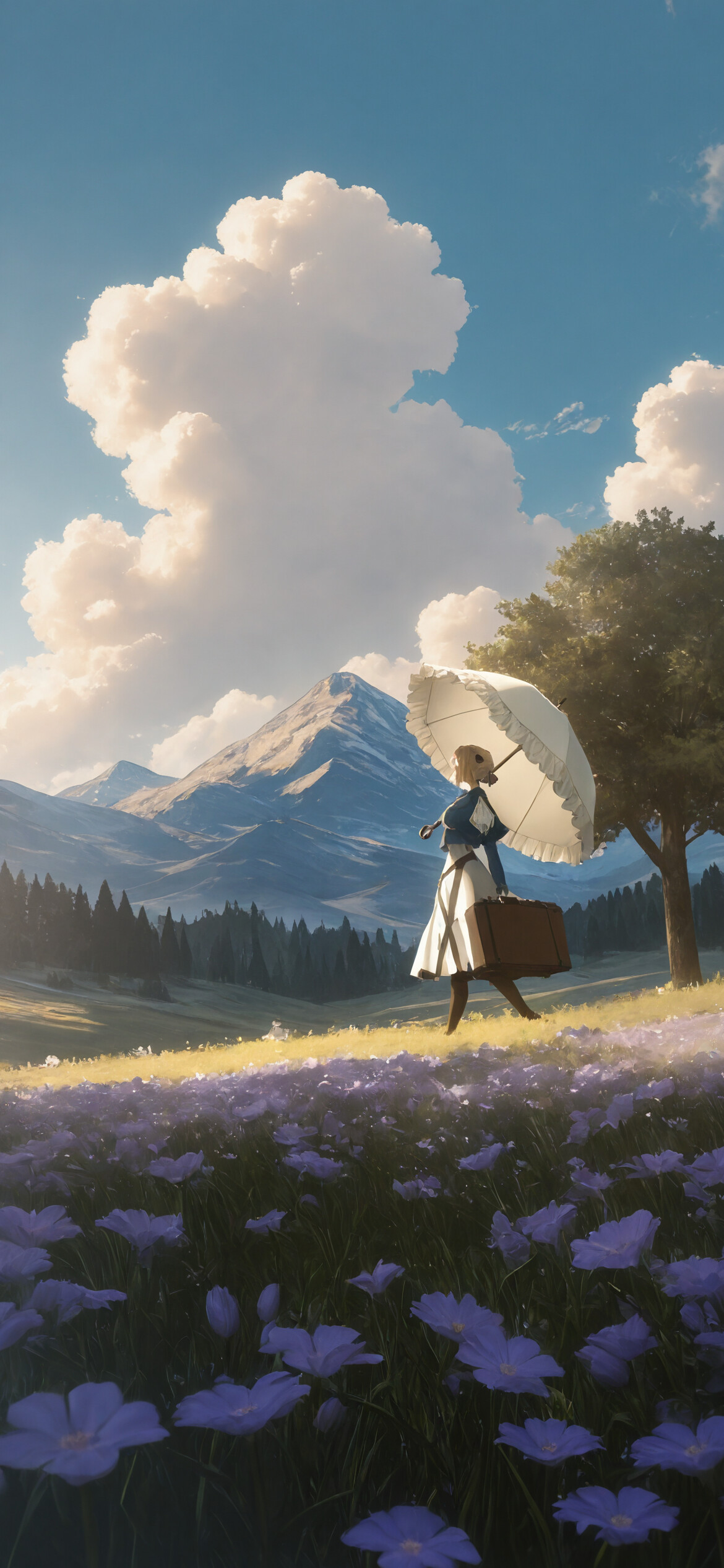 Violet Evergarden, a young woman with blonde hair, stands in a field of purple flowers holding a brown suitcase and a red parasol. She is looking towards a distant mountain range under a blue sky.