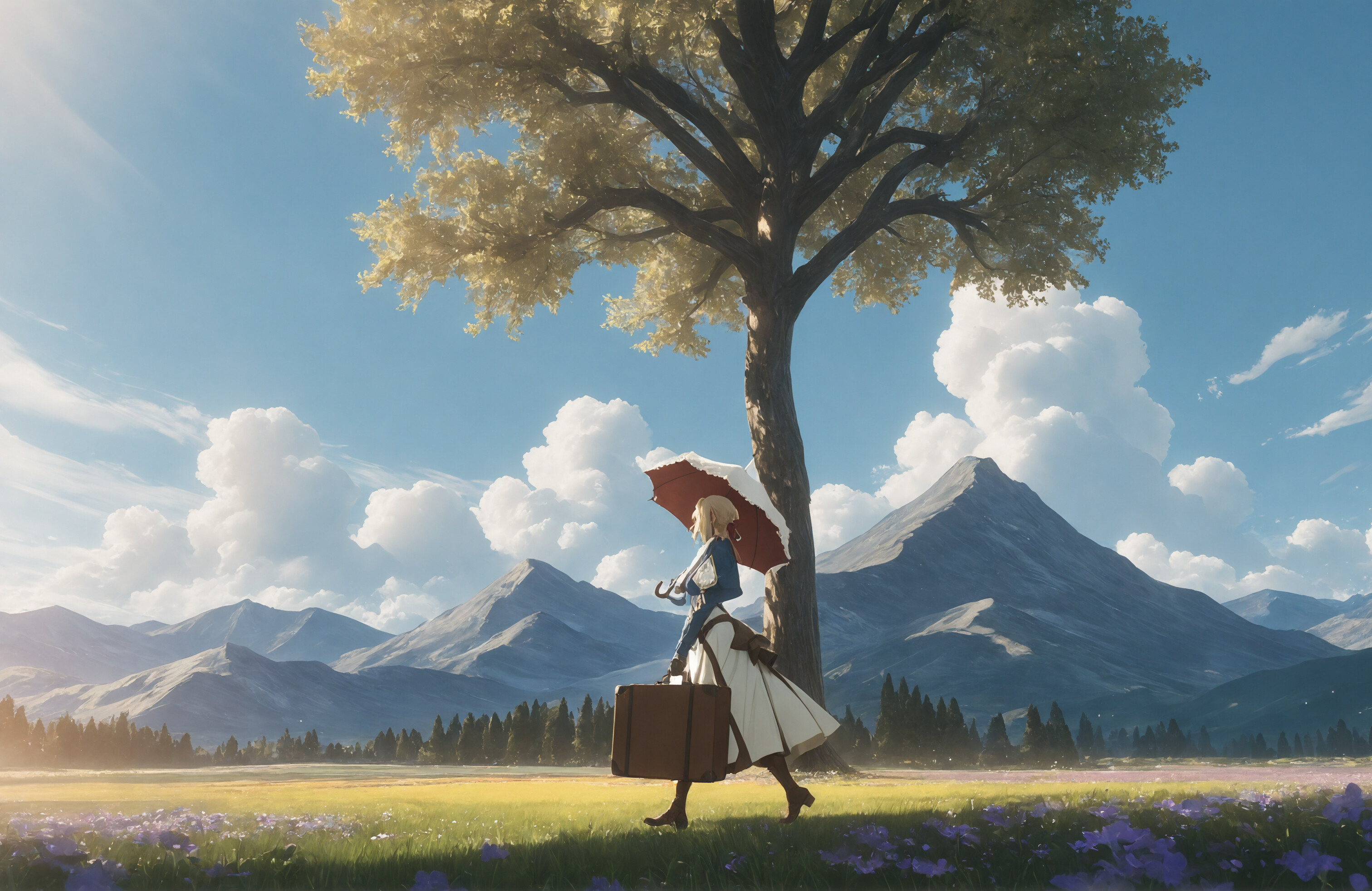 Violet Evergarden, a young woman with blonde hair, stands in a field of purple flowers holding a brown suitcase and a red parasol. She is looking towards a distant mountain range under a blue sky.