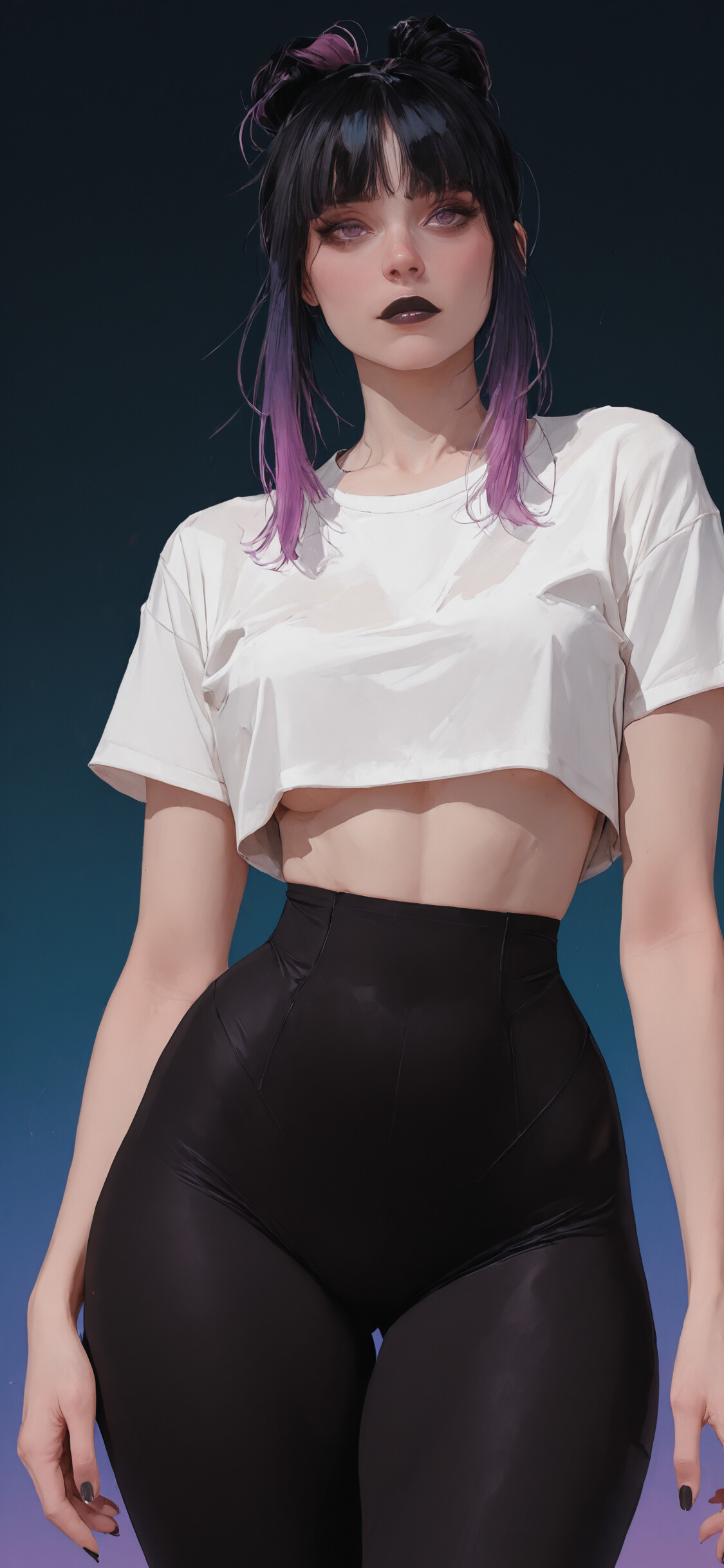 A digital illustration of a woman with black and purple hair and purple eyes. She wears a white crop top and shiny black high-waisted leggings, posing against a dark purple background.