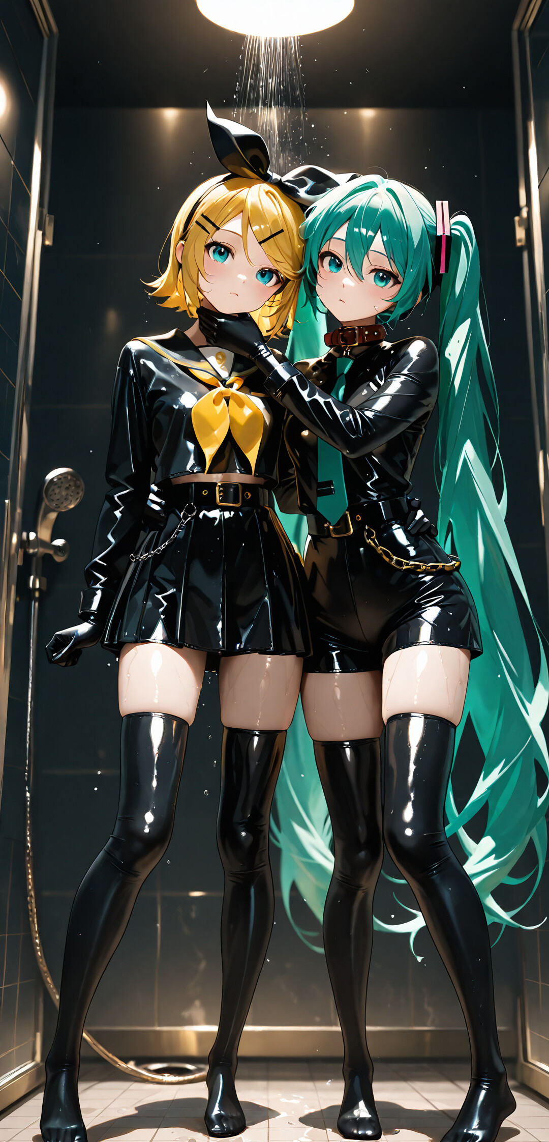 Vocaloid characters Kagamine Rin (blonde hair) and Hatsune Miku (turquoise hair) posing intimately in a shower. They are both wearing shiny, wet, black latex outfits consisting of tops, skirts, gloves, and thigh-highs.
