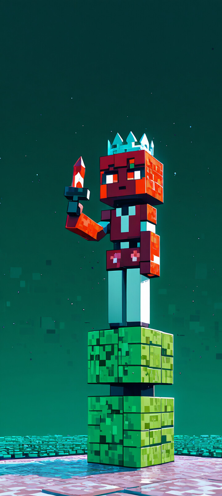 A 3D voxel art character representing Princess Piña Co Lada from the anime 'Gate'. She has a red blocky head, a golden crown, stylized eyes, and is standing on a pedestal made of teal blocks in a dark room with a blue grid pattern.