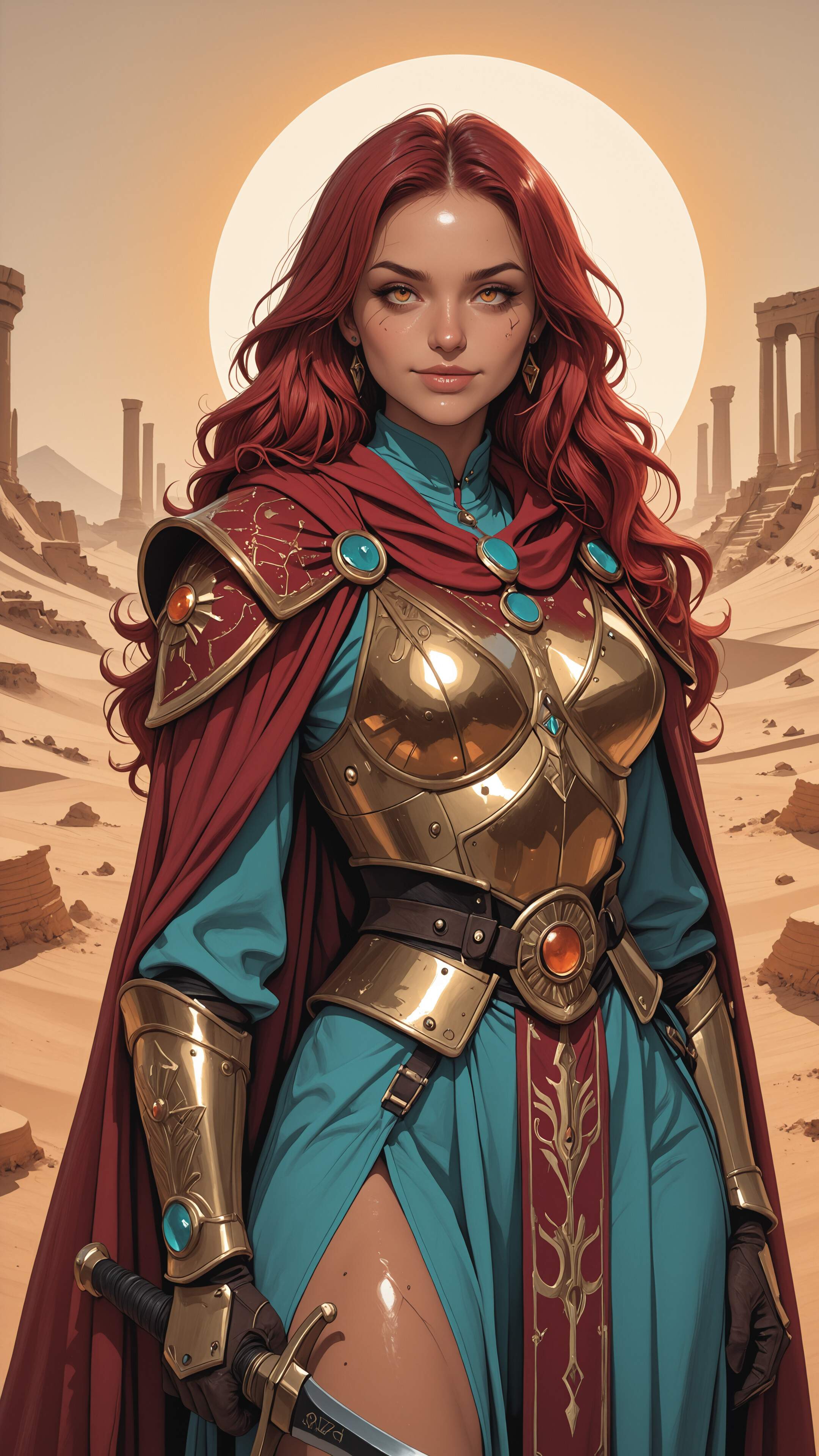 A beautiful red-haired woman in ornate golden armor and a red cape stands confidently in a desert with ancient ruins in the background at sunset.