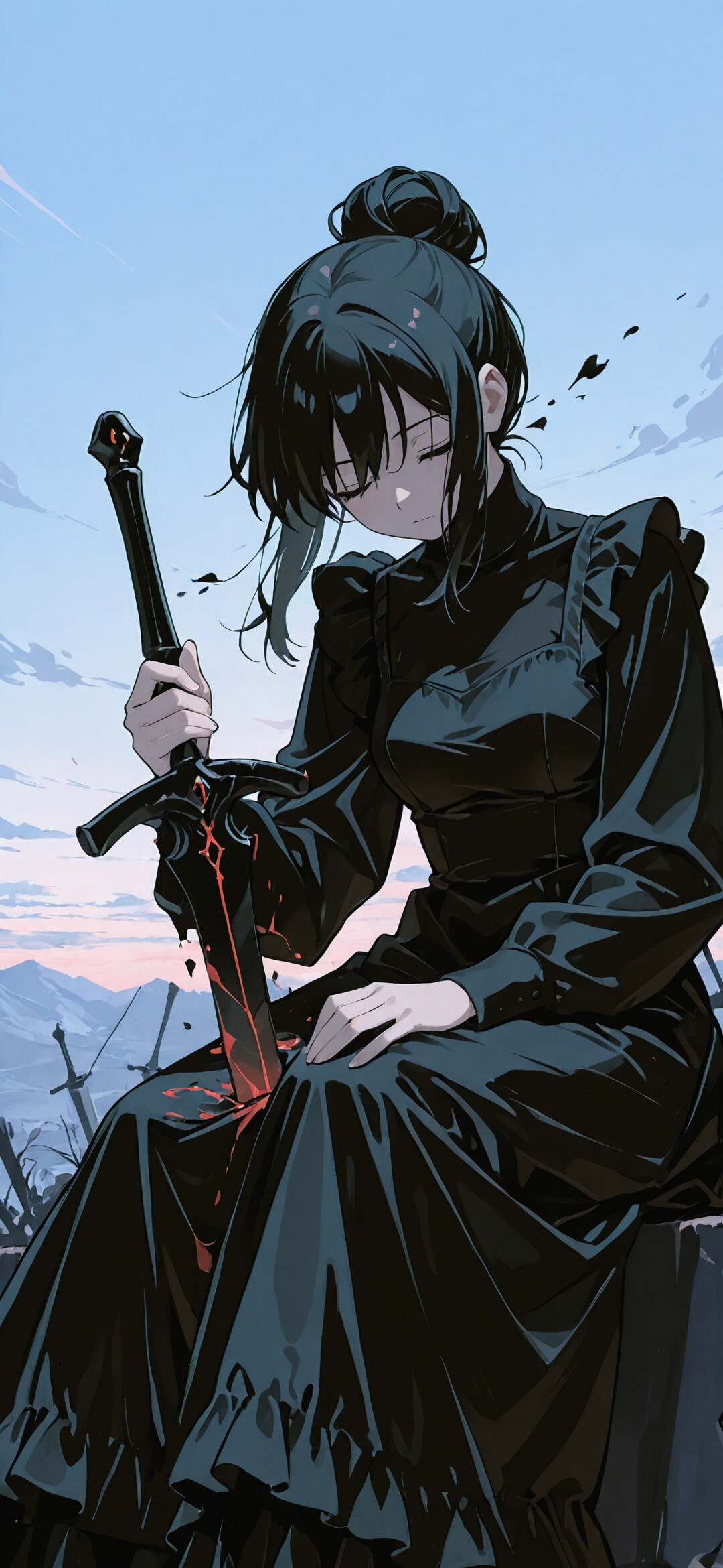 An anime-style illustration of a young woman with black hair in a bun, sitting on a battlefield at dawn. She is wearing a long black dress and holding a large black sword planted in the ground, her head bowed and eyes closed.