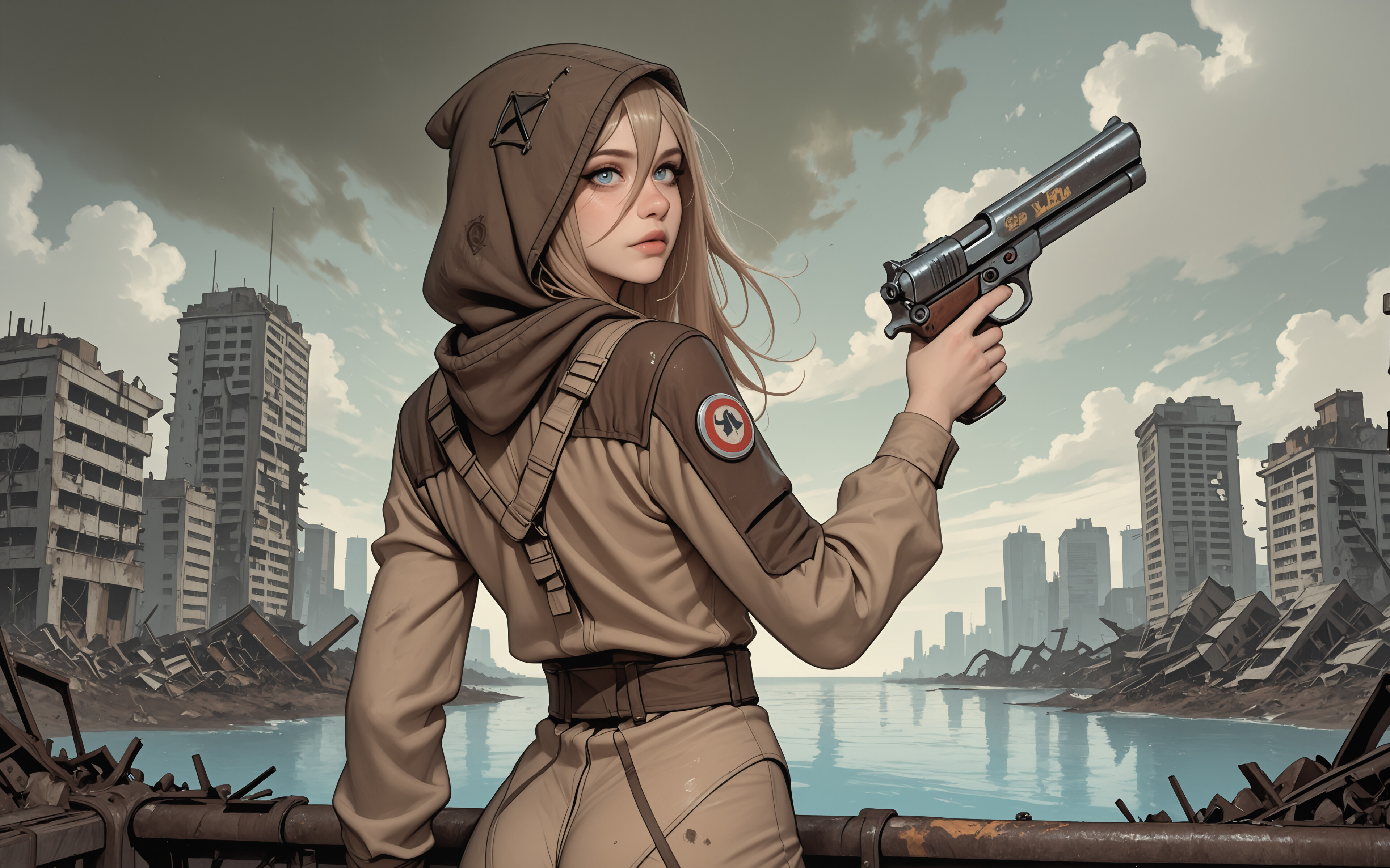 An anime-style illustration of a young woman with blonde hair and blue eyes in a hooded khaki tactical suit, looking back over her shoulder while holding a large shotgun in a flooded, ruined city.