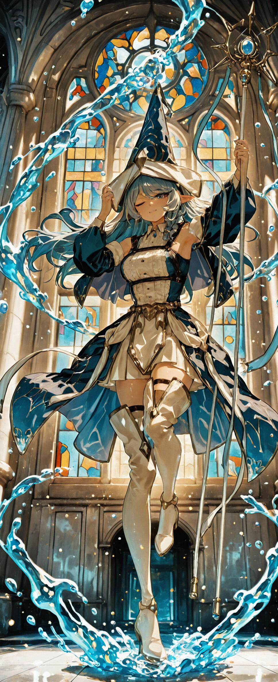 Full-body artwork of Water Enchantress of the Temple from Yu-Gi-Oh!, an elf-like girl with blue hair in a witch outfit, winking and casting a water spell with her staff inside a temple with large windows.