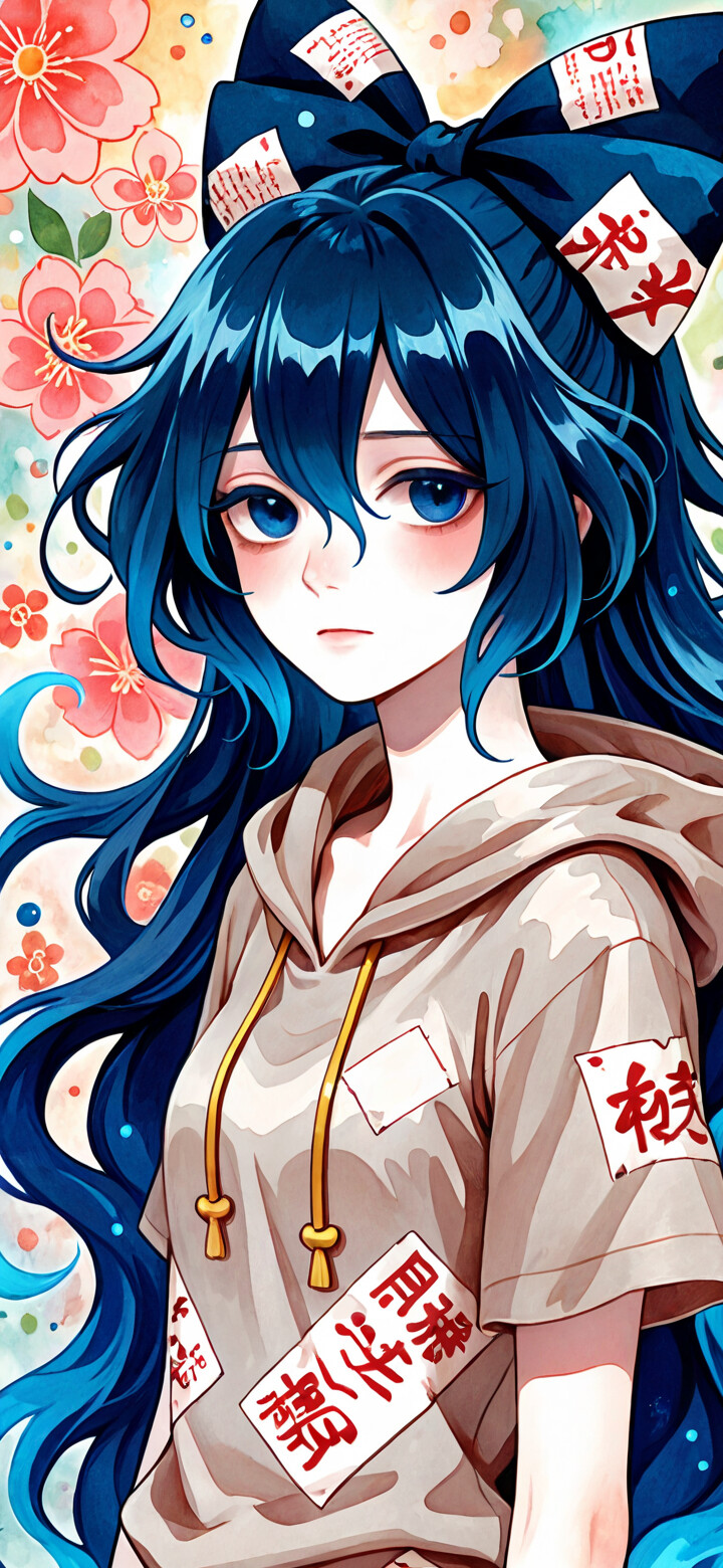 An anime-style illustration of Yorigami Shion, a girl with long, vibrant blue hair and a large blue bow, wearing a beige hoodie against a colorful watercolor background of flowers.