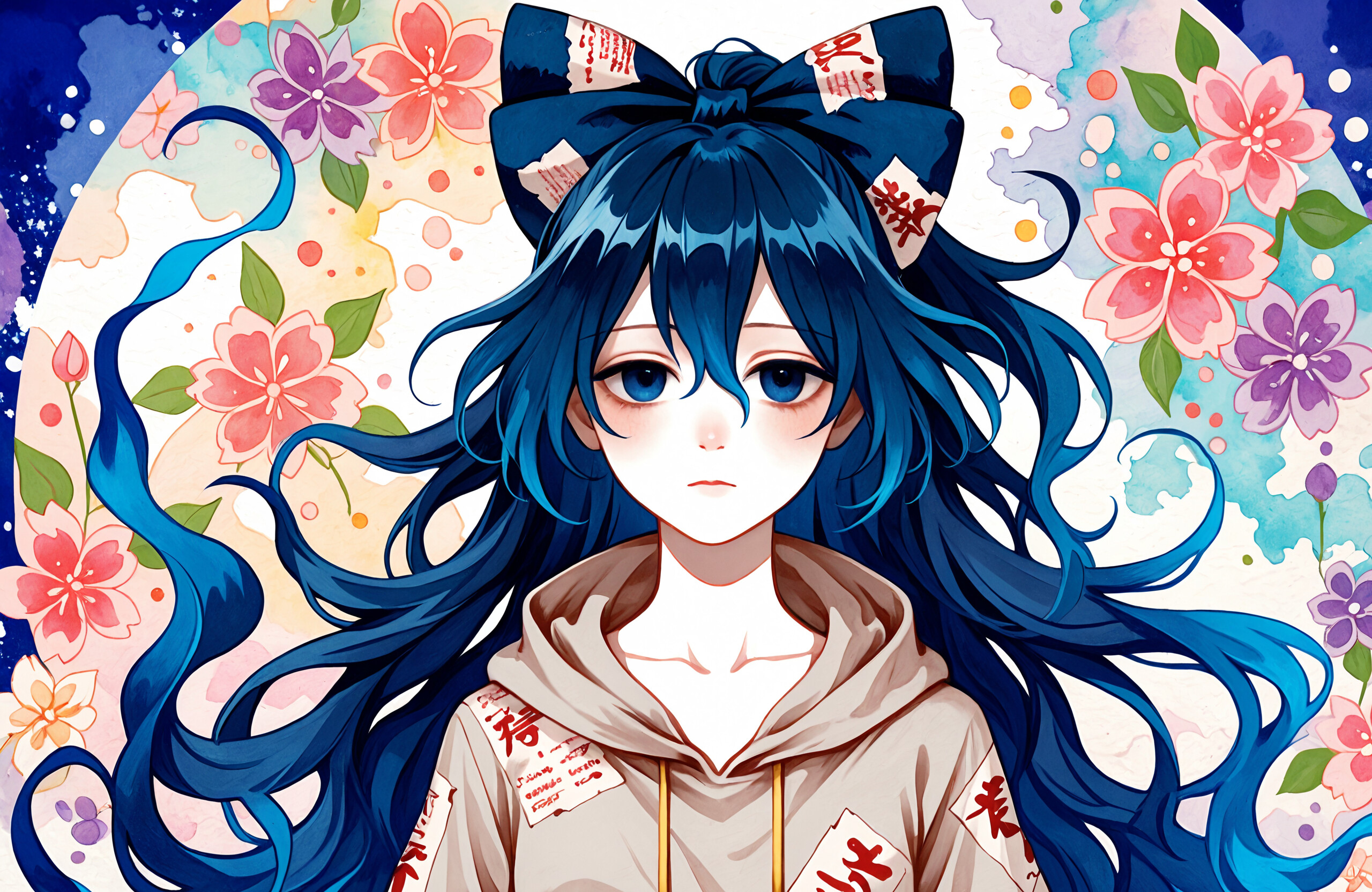 An anime-style illustration of Yorigami Shion, a girl with long, vibrant blue hair and a large blue bow, wearing a beige hoodie against a colorful watercolor background of flowers.