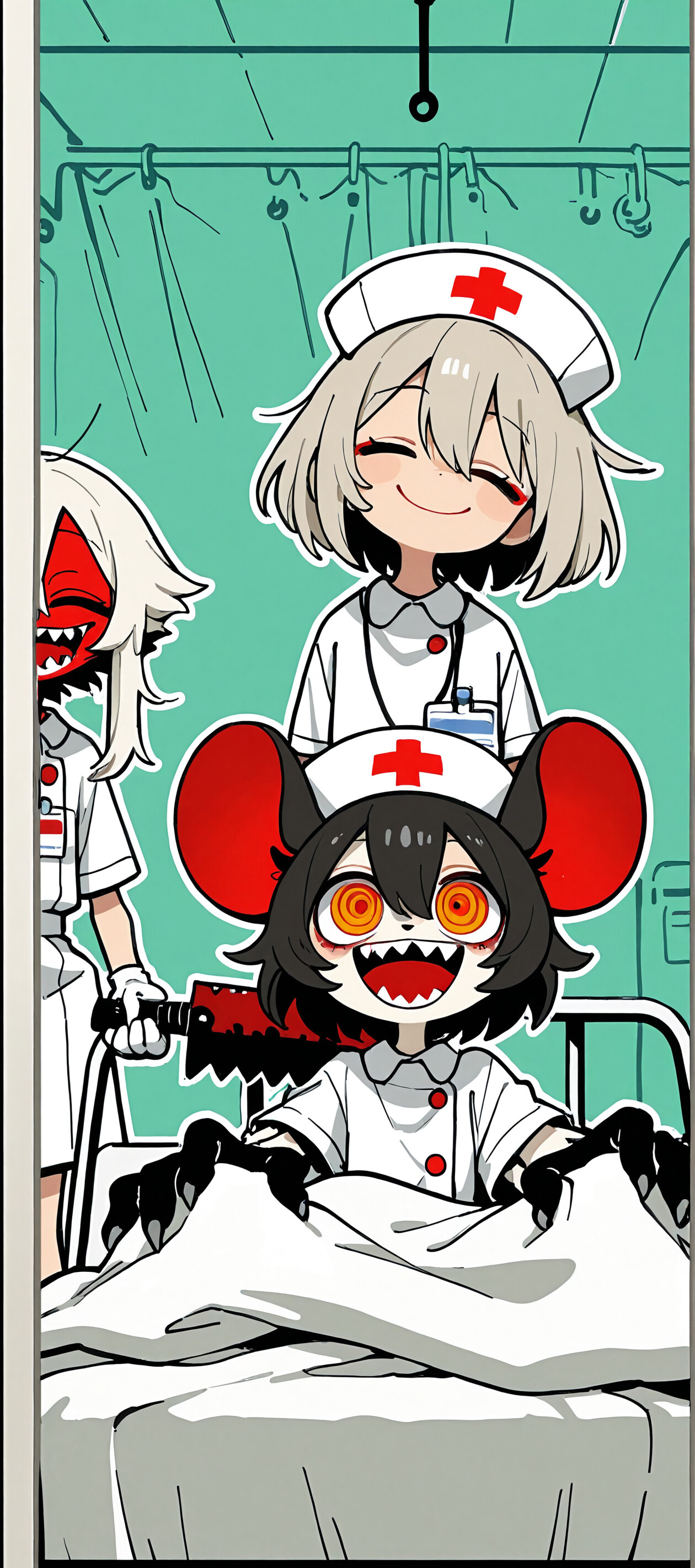 An anime illustration of a crazed white mouse nurse with spiral eyes and a wide smile standing on a hospital bed. In the background, another nurse holds a saw and two monstrous creatures peer from a doorway.