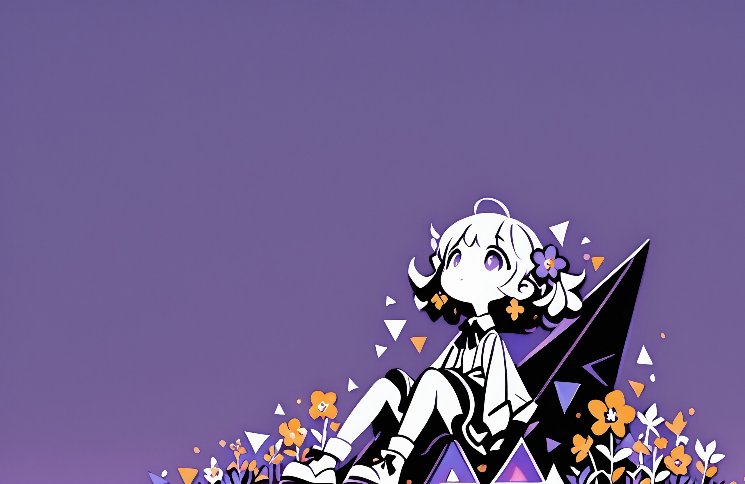 An anime girl with purple hair and flowers sits on a dark surface against a solid purple background, surrounded by floating white triangles and small orange flowers.