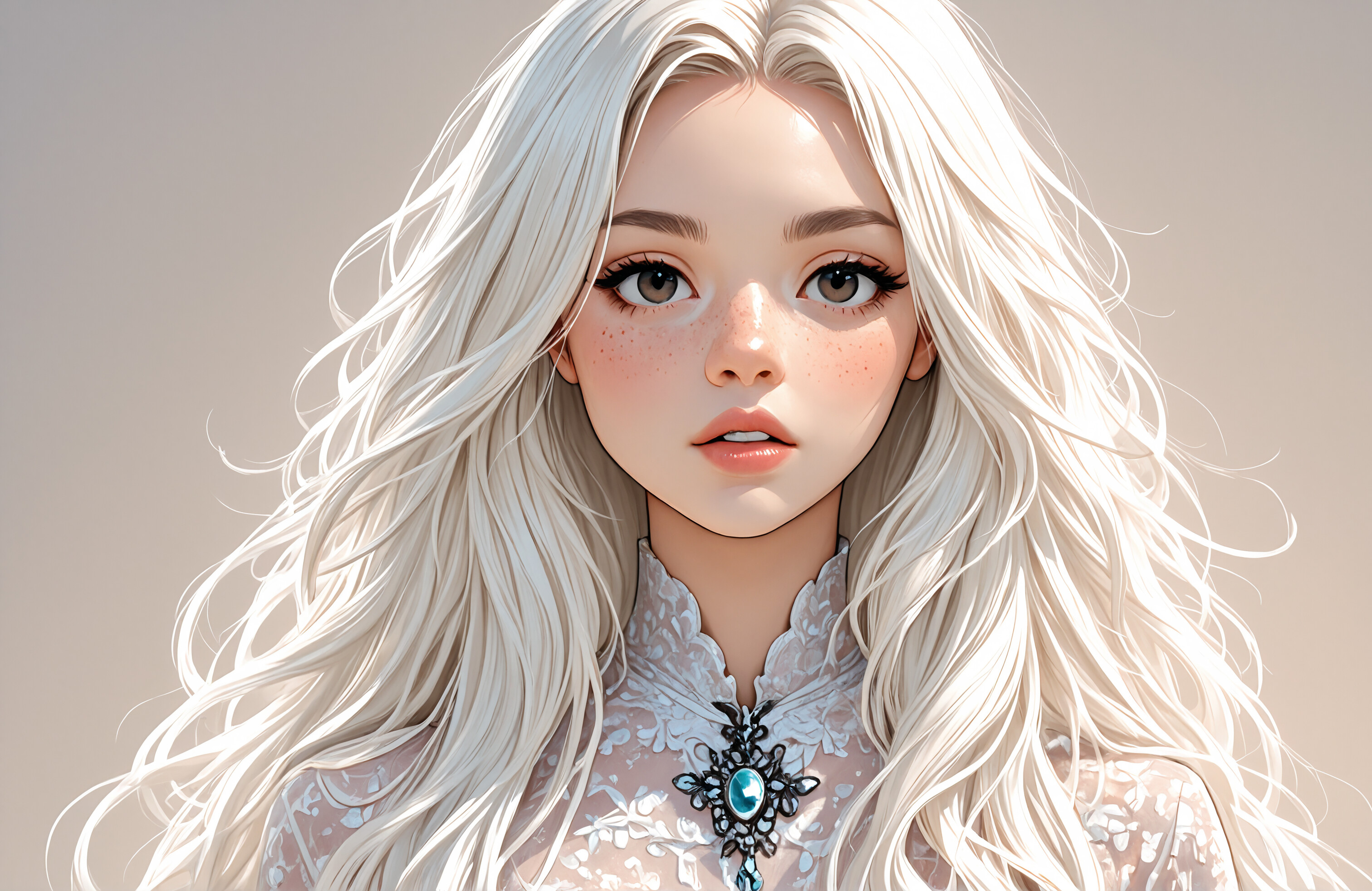 A close-up digital illustration of a young woman with long blonde hair, big grey eyes, and freckles. She is wearing a white lace top, a gold necklace, and a small earring, looking directly at the camera with a gentle expression.