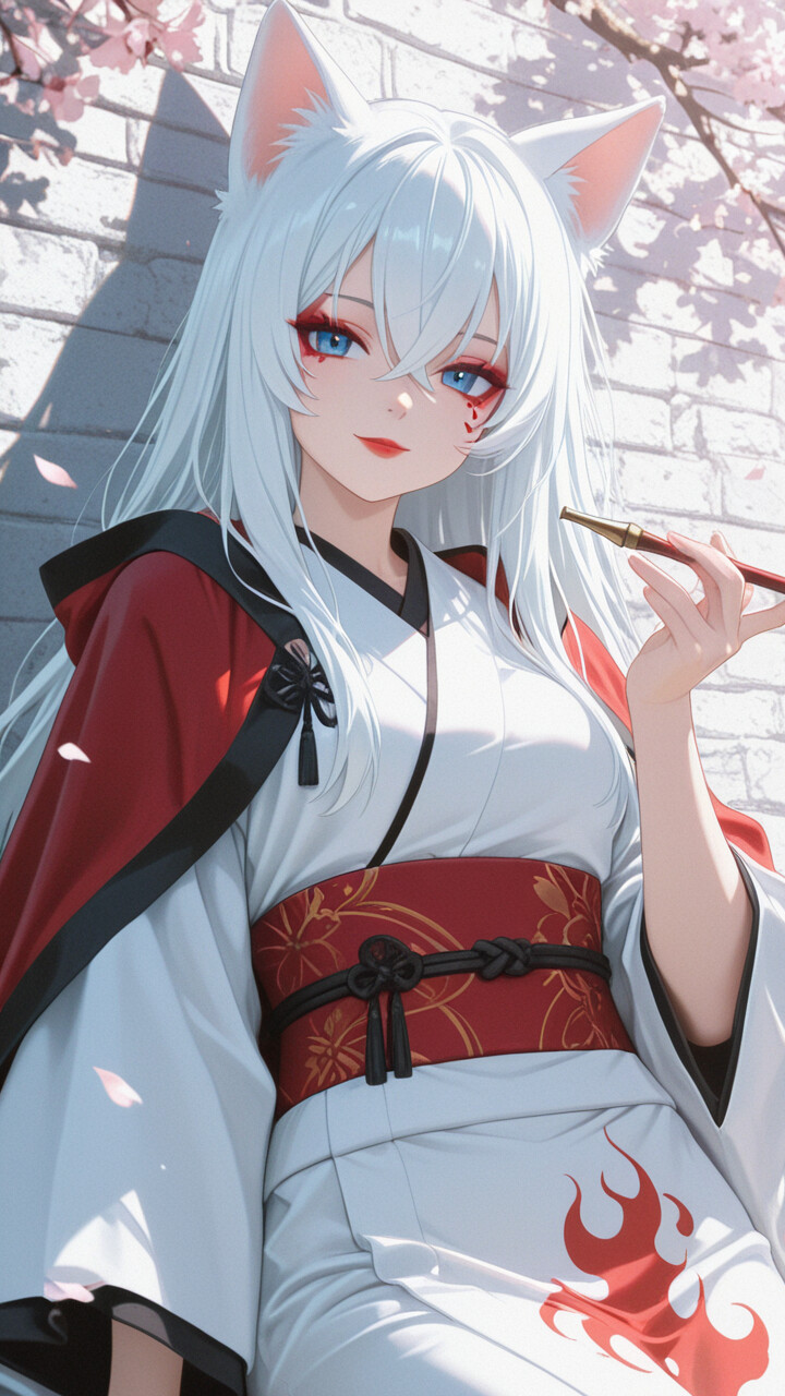 An anime illustration of a woman with long white hair and white fox ears, wearing a white and red kimono. She is holding a smoking pipe and smiling, standing in front of a pink brick wall with cherry blossoms.