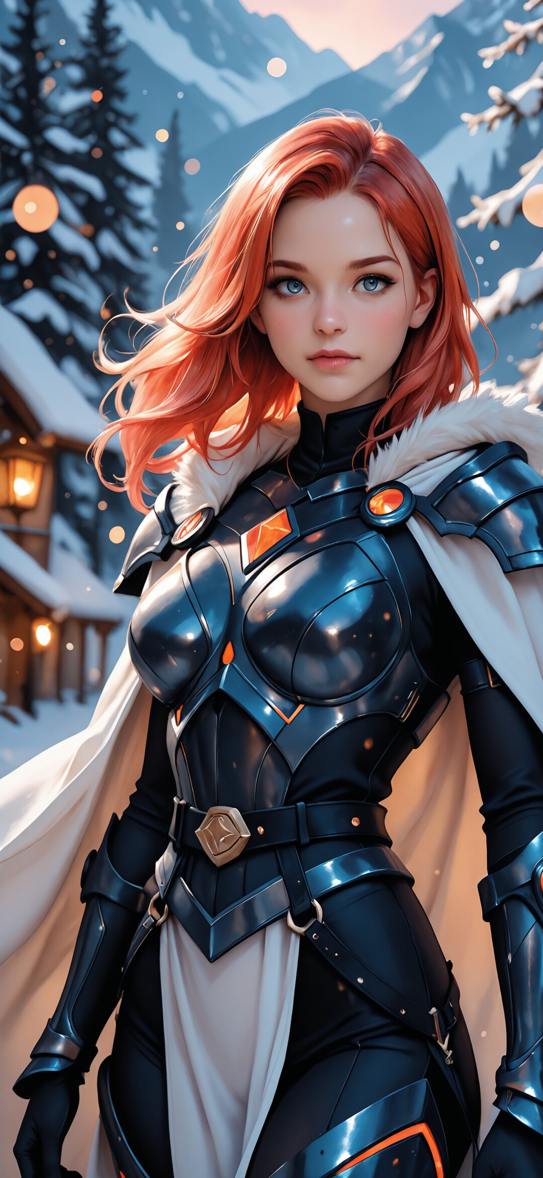 A close-up portrait of a fantasy female character with orange-red hair, white tiger ears, and facial markings. She wears silver and black armor and stands in a snowy forest with soft, glowing lights in the background.