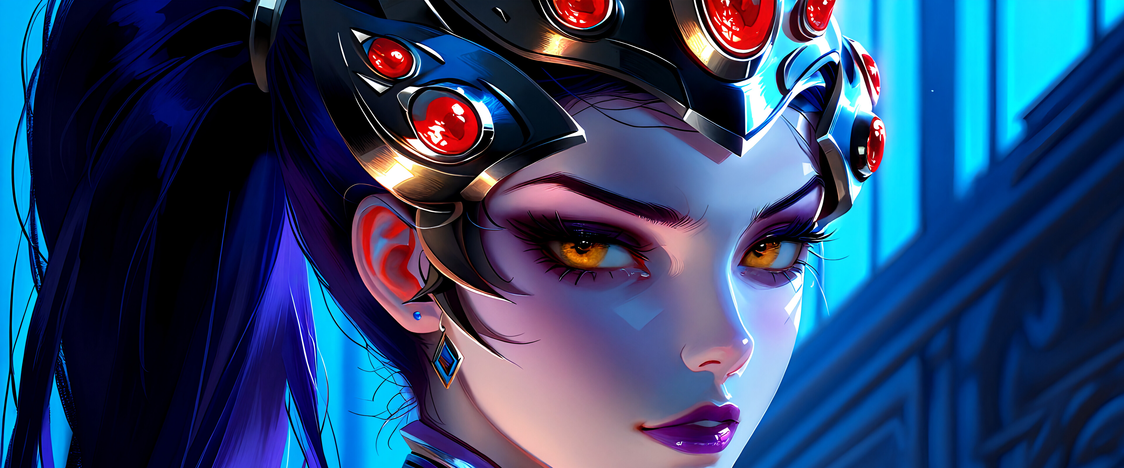 A detailed digital art portrait of the character Widowmaker from Overwatch. She has pale skin, long dark blue hair in a ponytail, and striking golden eyes. She is wearing a complex black and gold visor with red gems on her forehead and a purple and black high-collared suit. The background is a dark, abstract blue.