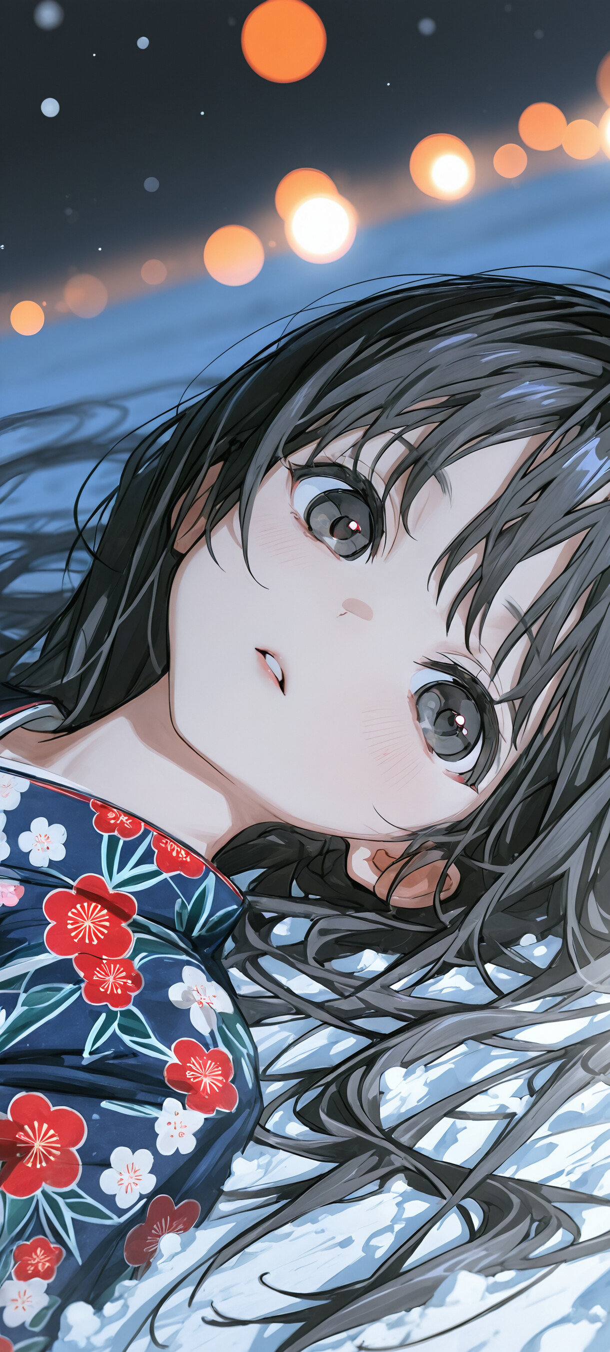 A young anime woman with long black hair wearing a floral kimono lies in the snow at night, gazing upwards. Blurry city lights are visible in the distance.