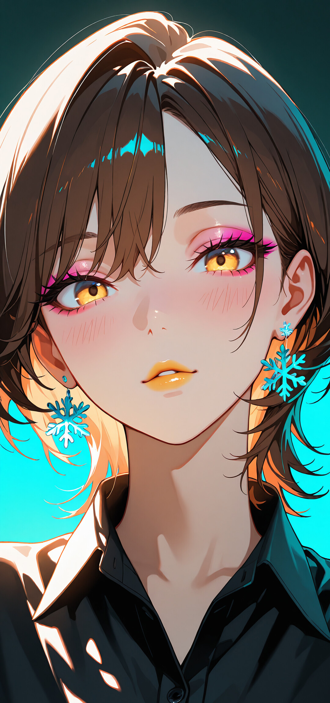 A digital illustration of a young woman with short brown hair, golden eyes, and bright pink eyeshadow. She wears light blue snowflake earrings and a black collared shirt, looking directly at the viewer against a teal and dark background.