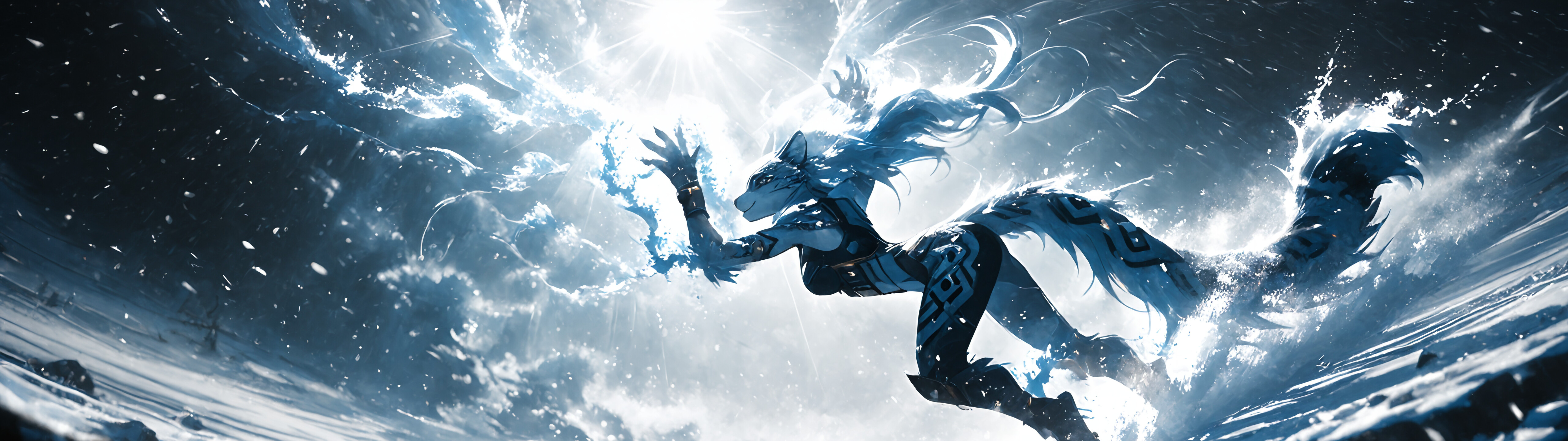A digital fantasy illustration of an anthropomorphic female snow leopard with flowing blue and white hair, standing in a snowy forest. She has dark patterns on her body and a peaceful expression as snow falls around her.