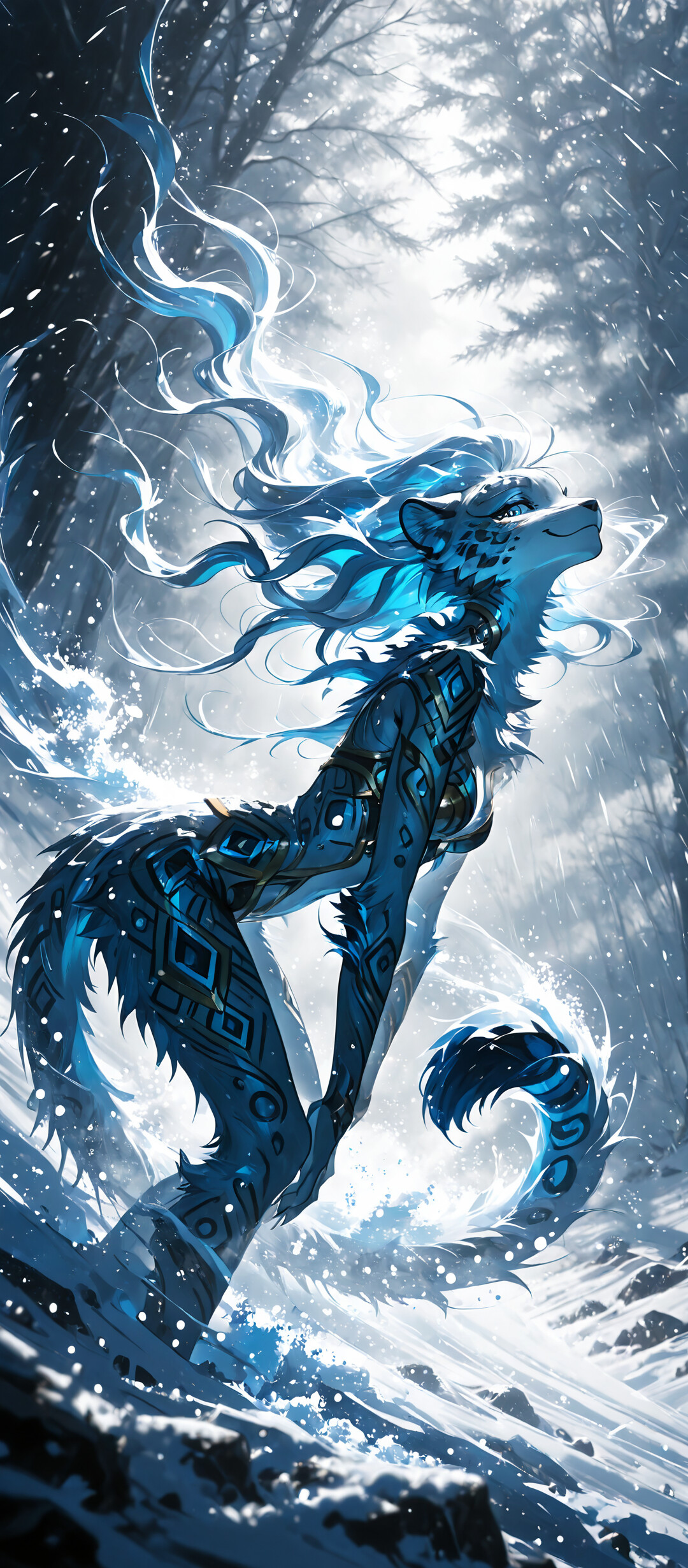A digital fantasy illustration of an anthropomorphic female snow leopard with flowing blue and white hair, standing in a snowy forest. She has dark patterns on her body and a peaceful expression as snow falls around her.