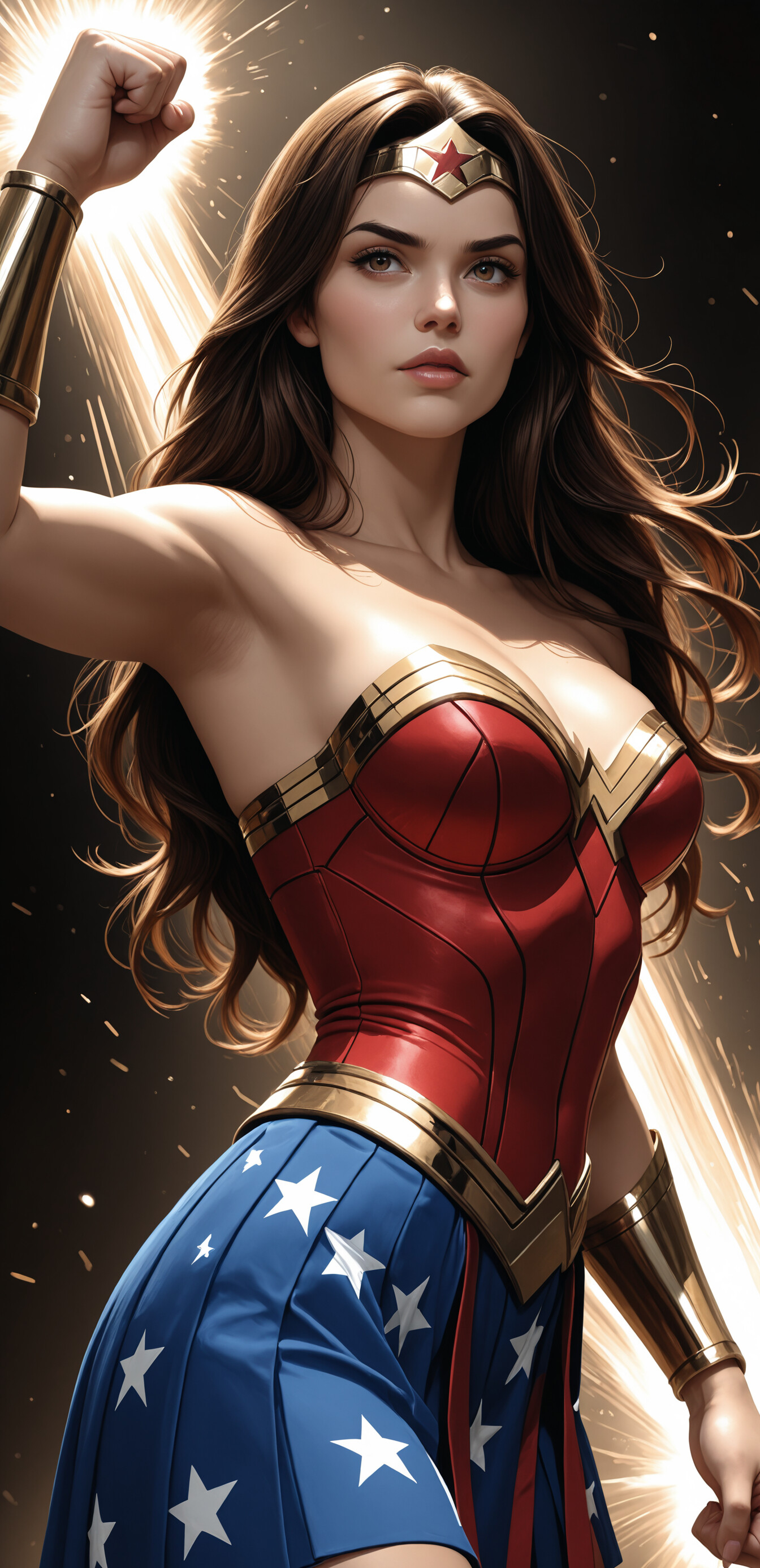 A woman dressed as Wonder Woman from DC Comics poses powerfully against a wall. She has long brown hair, is wearing the classic red, blue, and gold costume, and is flexing her arm to show her strength.