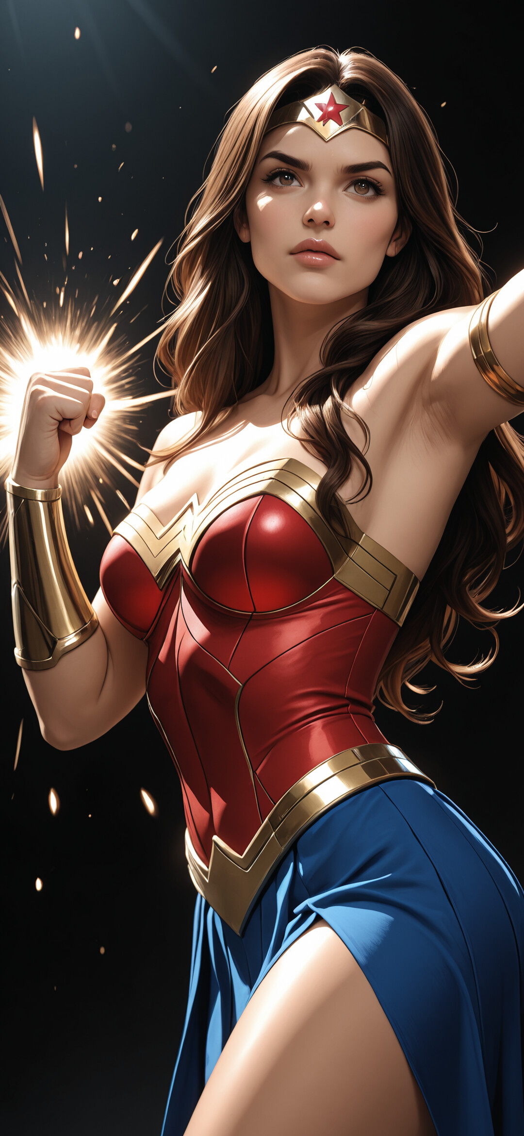 A digital illustration of Wonder Woman in her classic costume punching forward, with a bright starburst of light exploding from her fist. She has long brown hair and a determined look on her face.