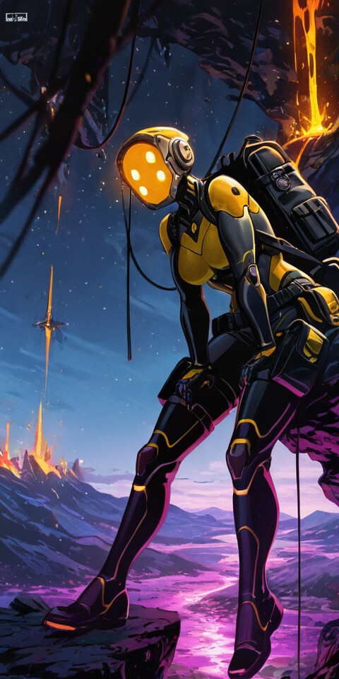 A yellow humanoid robot with a backpack sits on a rock ledge, looking out at a sci-fi landscape with a river of purple and orange lava and waterfalls of light.