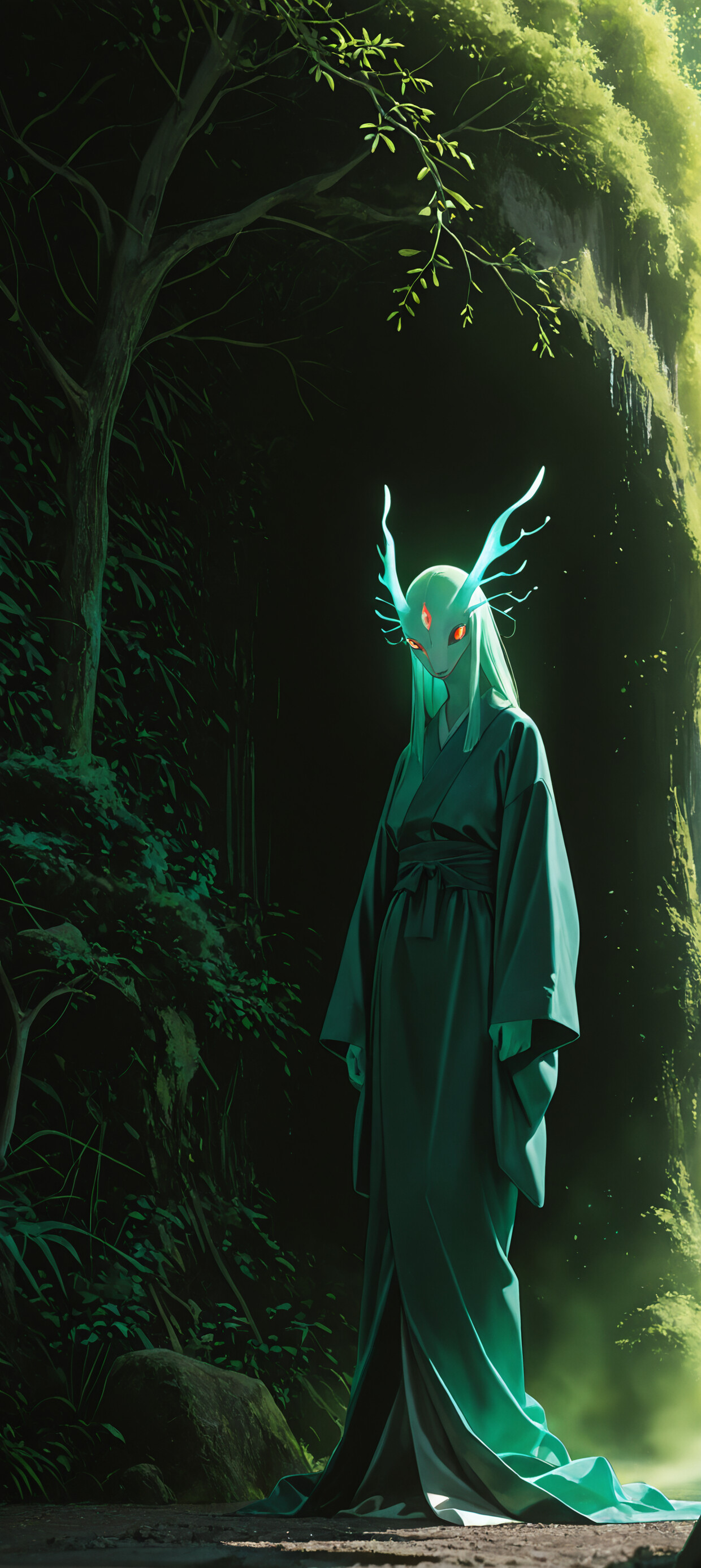 A dark-skinned, cat-like creature with glowing orange, circular eyes sits by a stream in a lush green forest. The creature wears a traditional green robe and a large, wide-brimmed hat, creating a mysterious and serene scene.