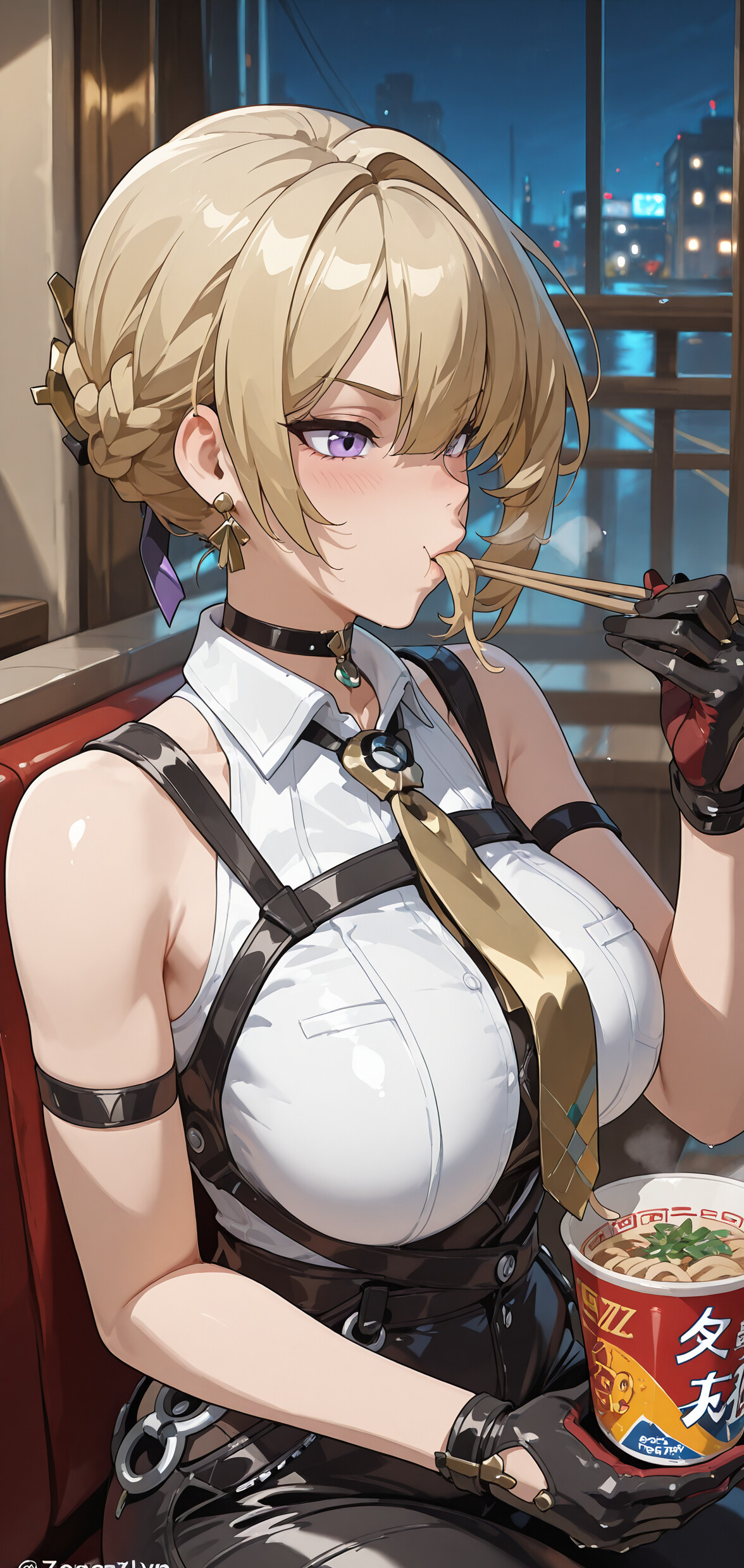 An anime-style illustration of Evelyn from Zenless Zone Zero, a blonde woman with purple eyes, sitting at a table and eating instant ramen with chopsticks. A city skyline at night is visible through the window behind her.