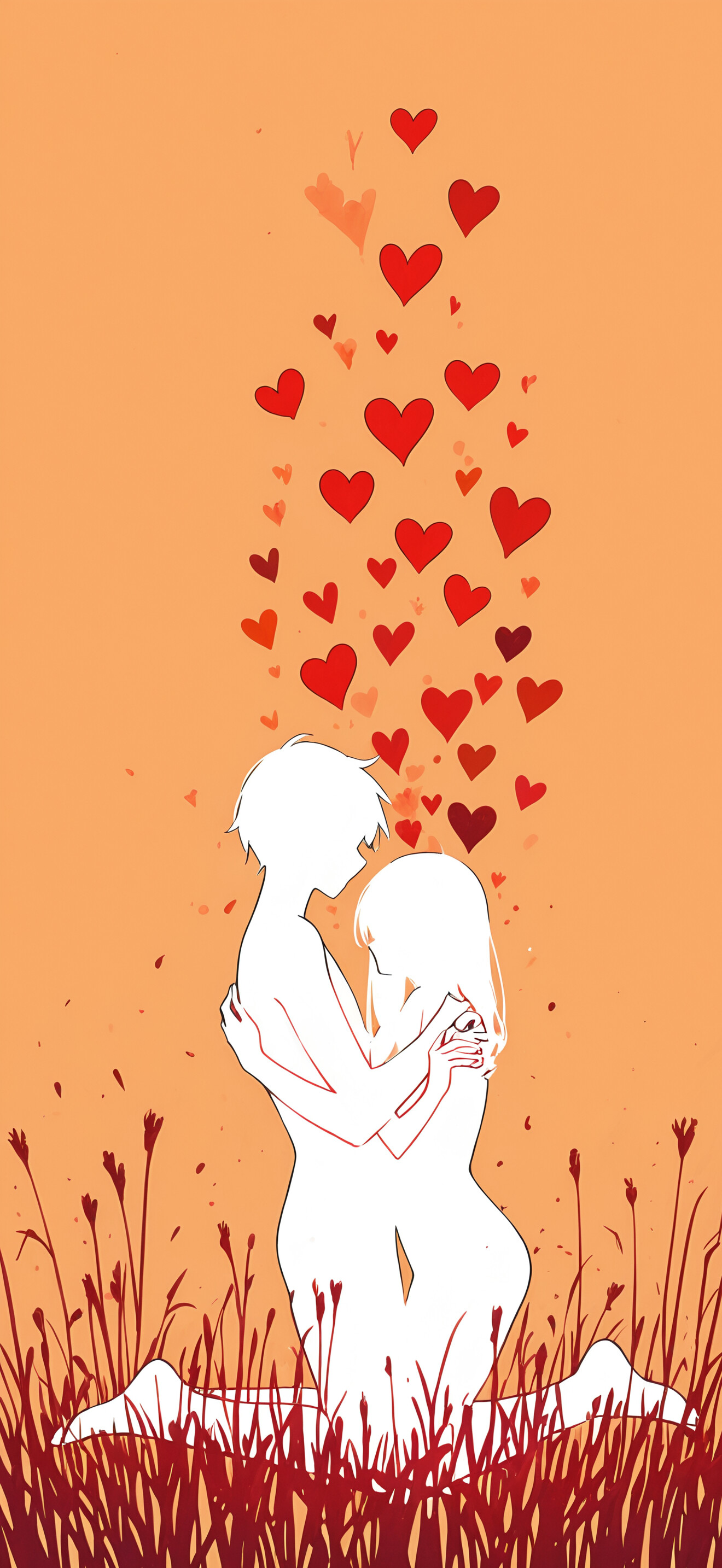 An anime girl with long, blue-grey hair and closed eyes, standing in a field against an orange sunset sky, gently holding a glowing red heart in her hands.