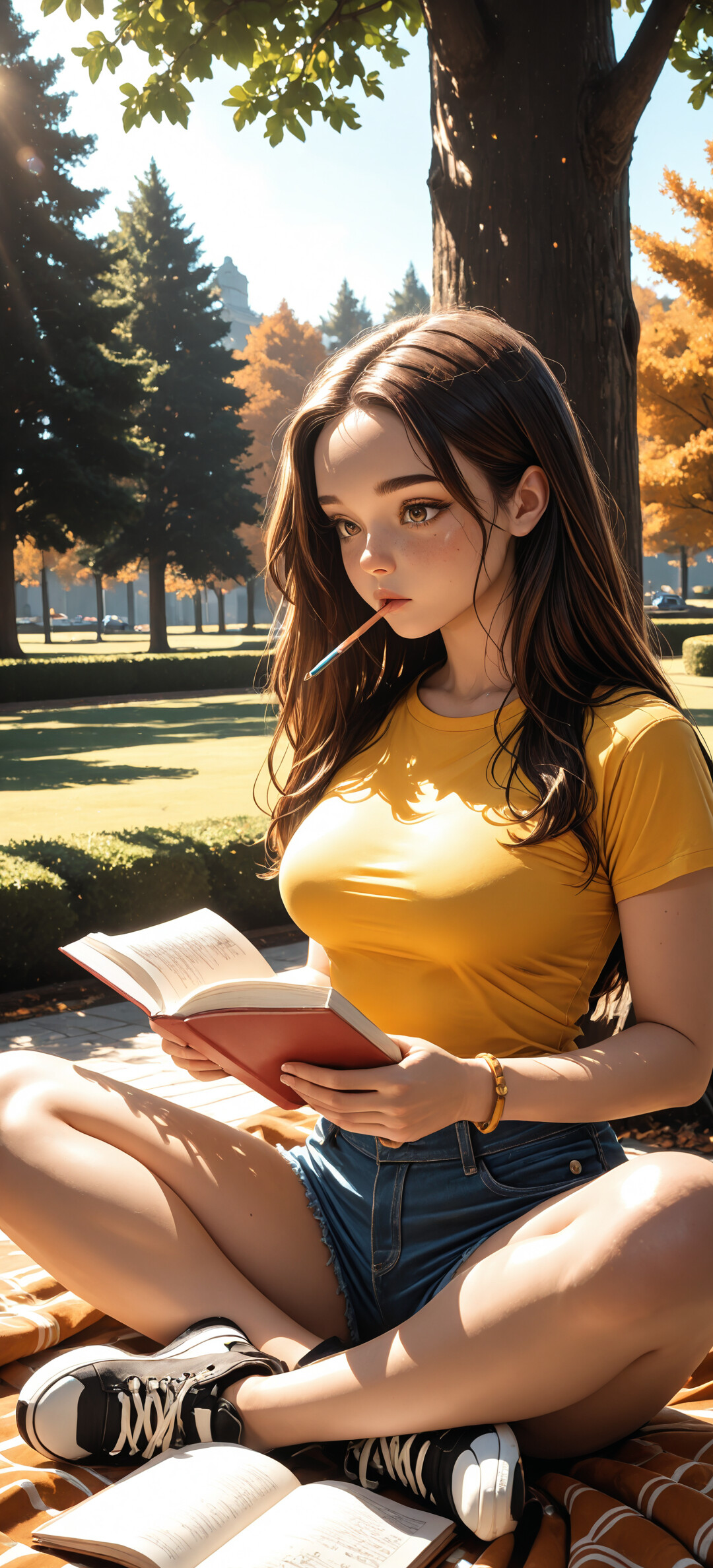 A young woman with long brown hair sitting cross-legged on a blanket in a park, reading a book with a pencil in her mouth on a sunny day.