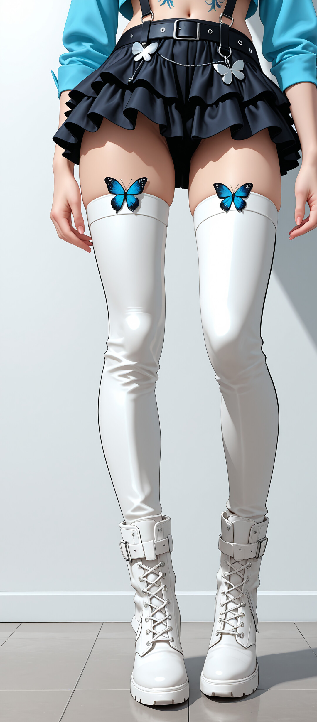 A woman's lower body, featuring a black and blue layered skirt, white thigh-high boots, and a blue butterfly tattoo on her thigh, against a light blue wall.