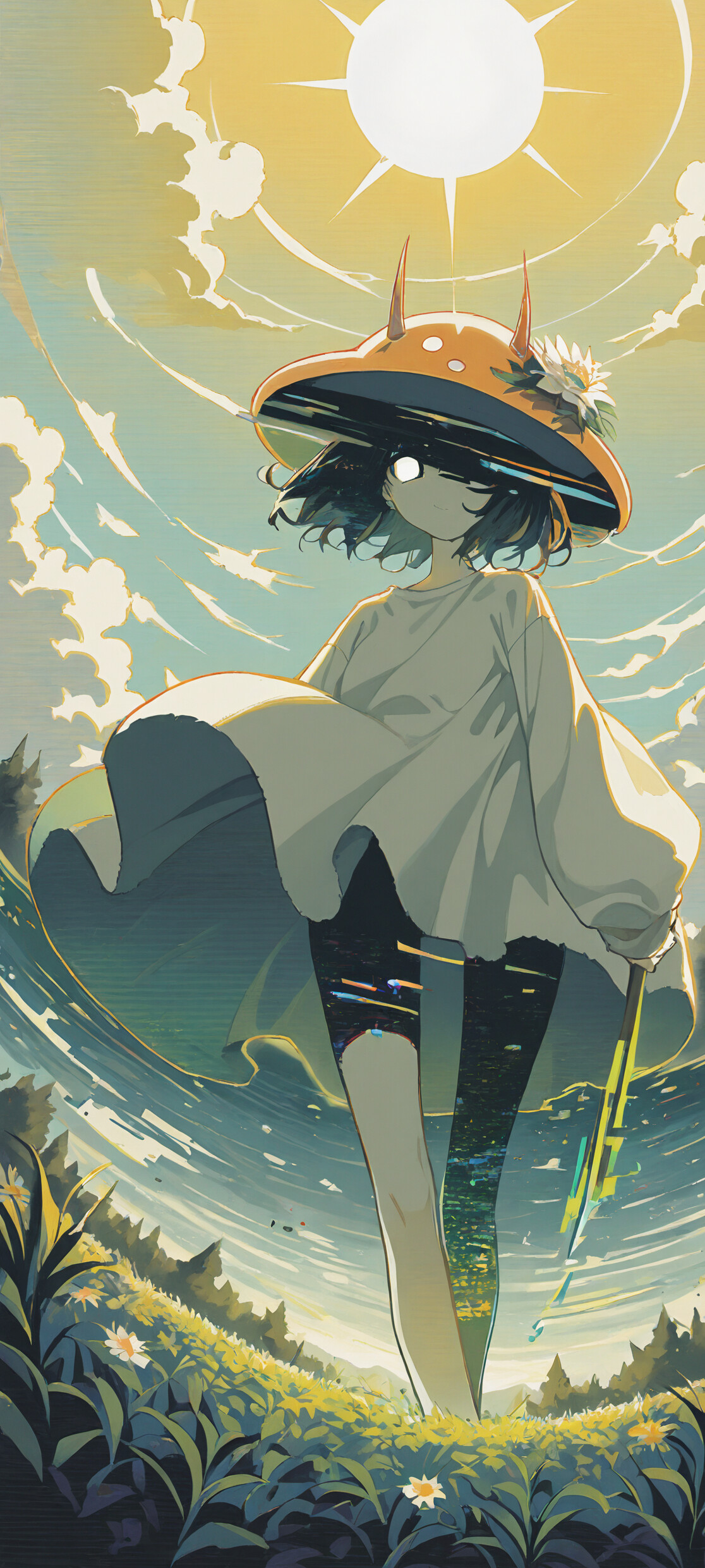 A surreal double exposure digital artwork of a woman with horns, blended with glitch effects, a red sky, a UFO, and natural elements like trees and waterfalls.