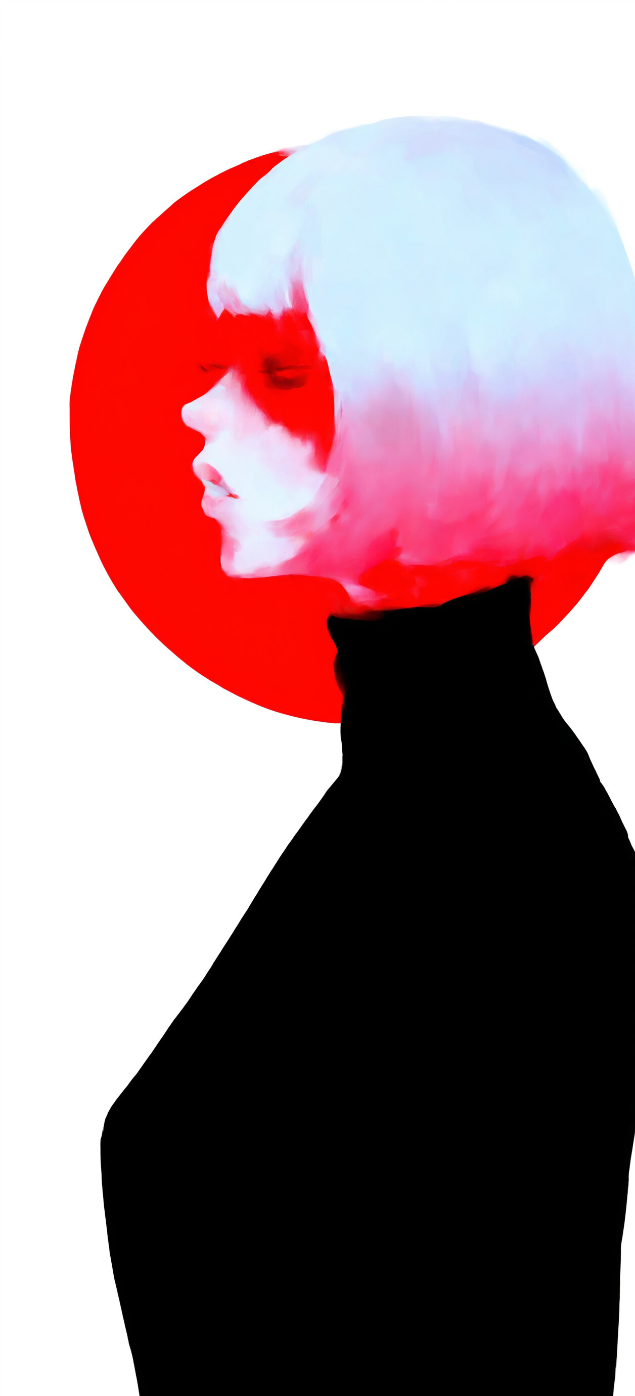 A profile view of a girl with white and pink bob hair, closed eyes, and bold red lipstick against a plain white background.