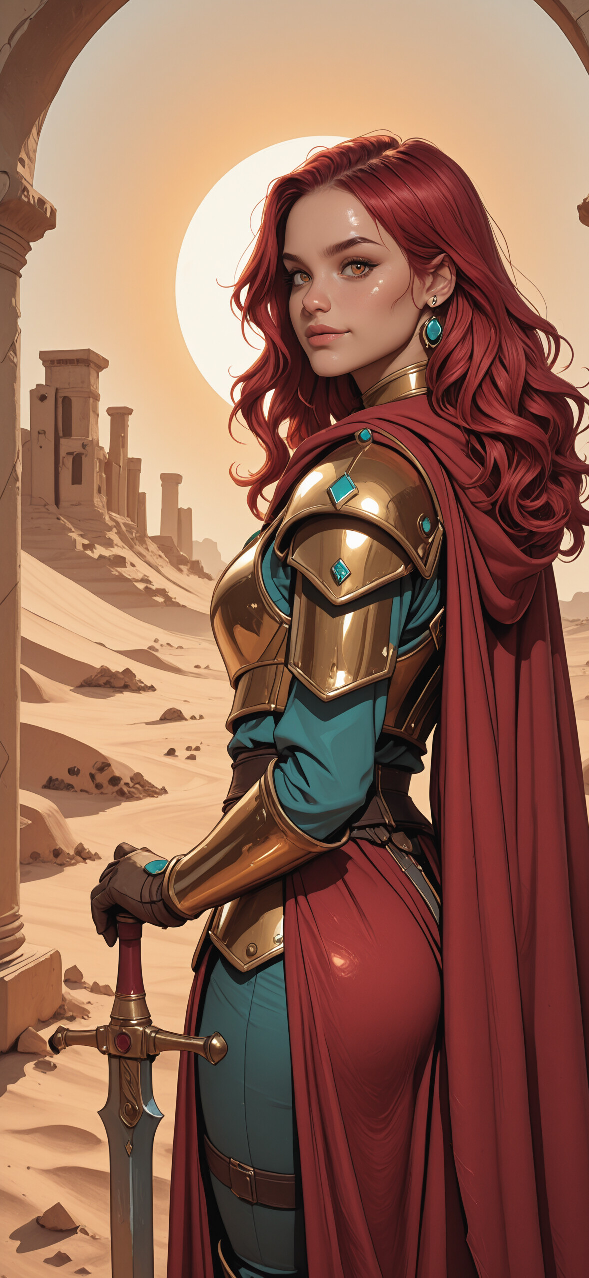 A female warrior with long red hair and golden armor holding a sword. She stands in a desert with ancient ruins in the background under a setting sun.