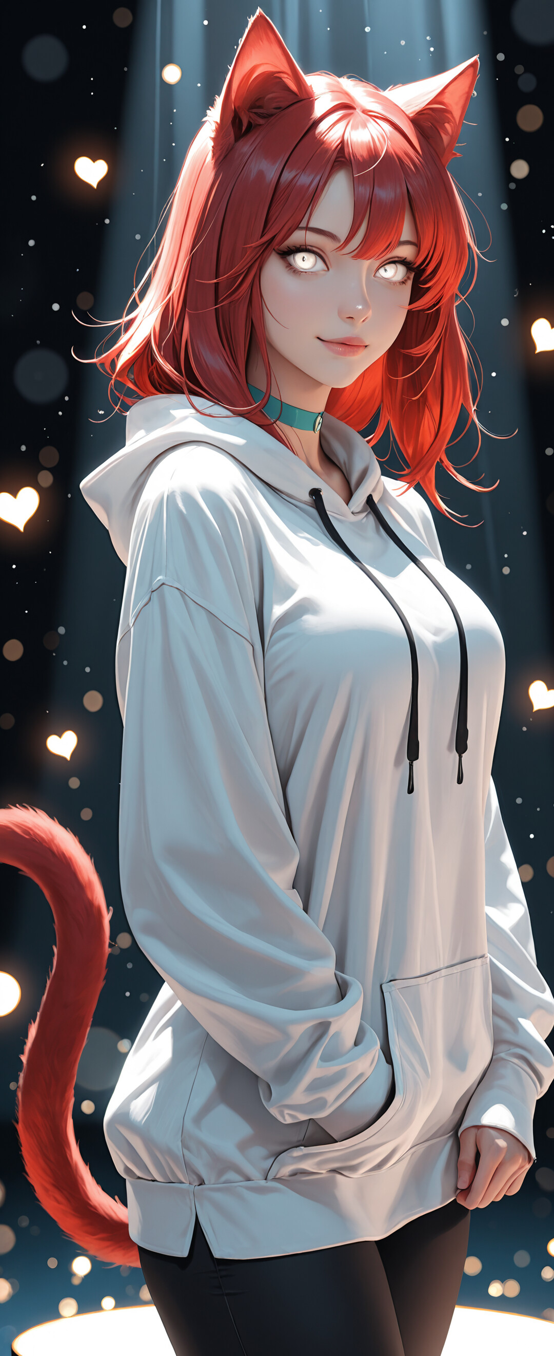 A digital illustration of an anime cat girl with short crimson hair, red cat ears, and a matching tail. She is wearing a white hoodie, an aqua choker, and black leggings, standing under a spotlight with floating hearts in the background.