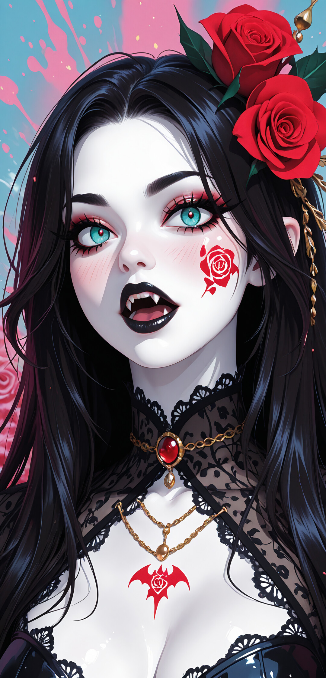 A close-up digital art portrait of a beautiful gothic vampire girl with long black hair, pale skin, and striking turquoise eyes. She has fangs, black lipstick, a lace choker, a rose tattoo on her shoulder, and is set against a background of red roses.