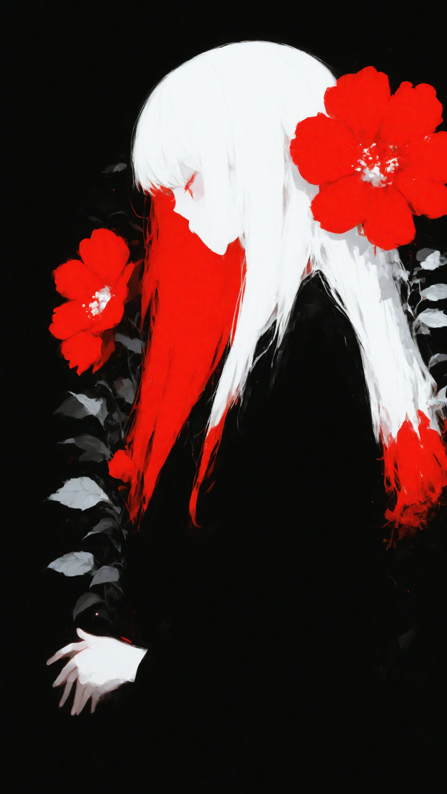 Profile portrait of a girl with long red and white two-tone hair holding a red flower and green leaves, wearing a black shirt