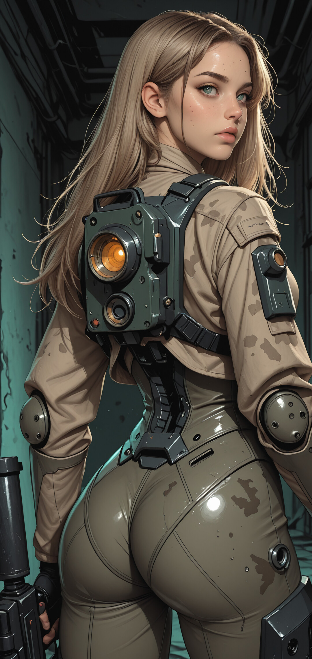A female soldier with blonde hair wearing a futuristic tan tactical exosuit and a high-tech backpack looks back over her shoulder in a dimly lit industrial hallway.