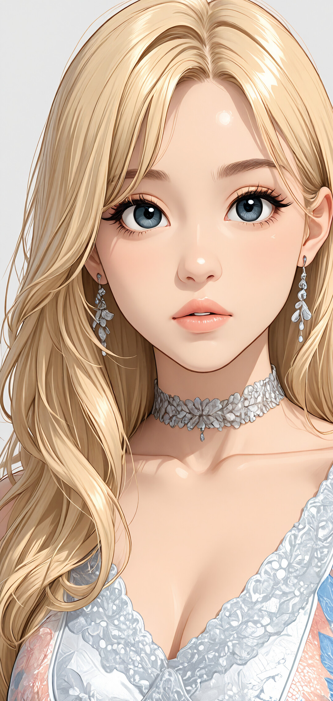 A close-up digital portrait of a young woman with long pink hair, big gray eyes, and fair skin, looking directly at the viewer.