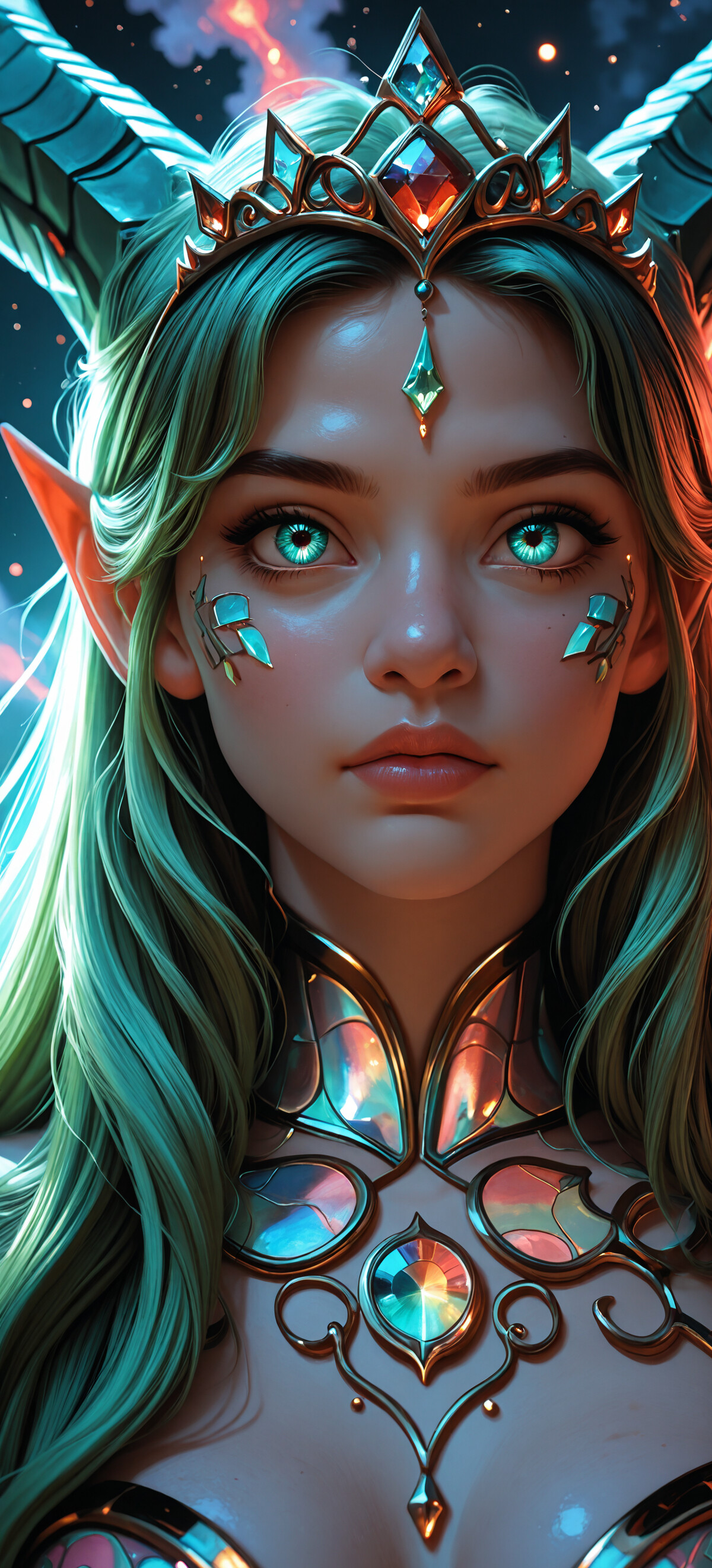 A close-up portrait of a beautiful young woman with elven ears, long greenish hair, and large blue eyes. She wears a crystal tiara, large glowing horns, and iridescent armor against a starry night sky.