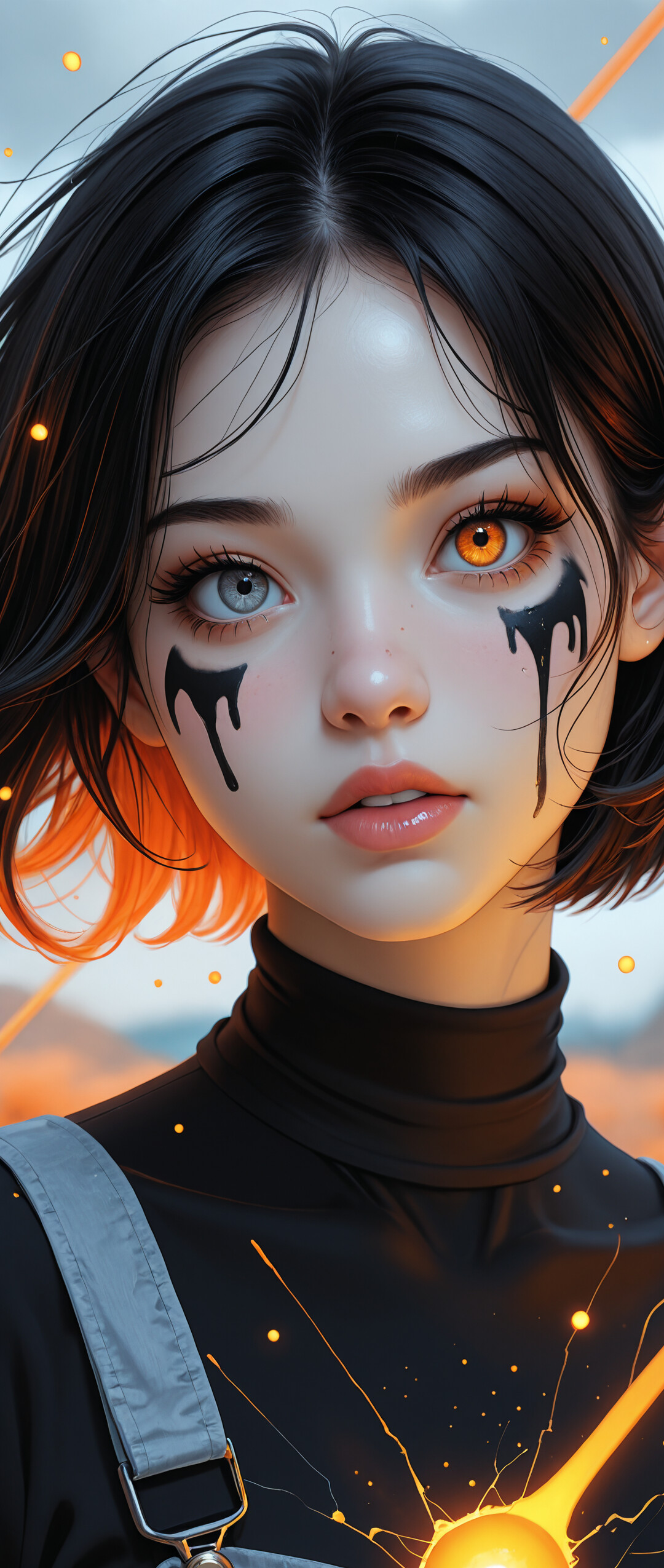A close-up digital portrait of a young woman with short black hair and different colored eyes, one orange and one blue. She has black tear-like marks on her face and cracks on her skin, with a fiery orange halo of light behind her.