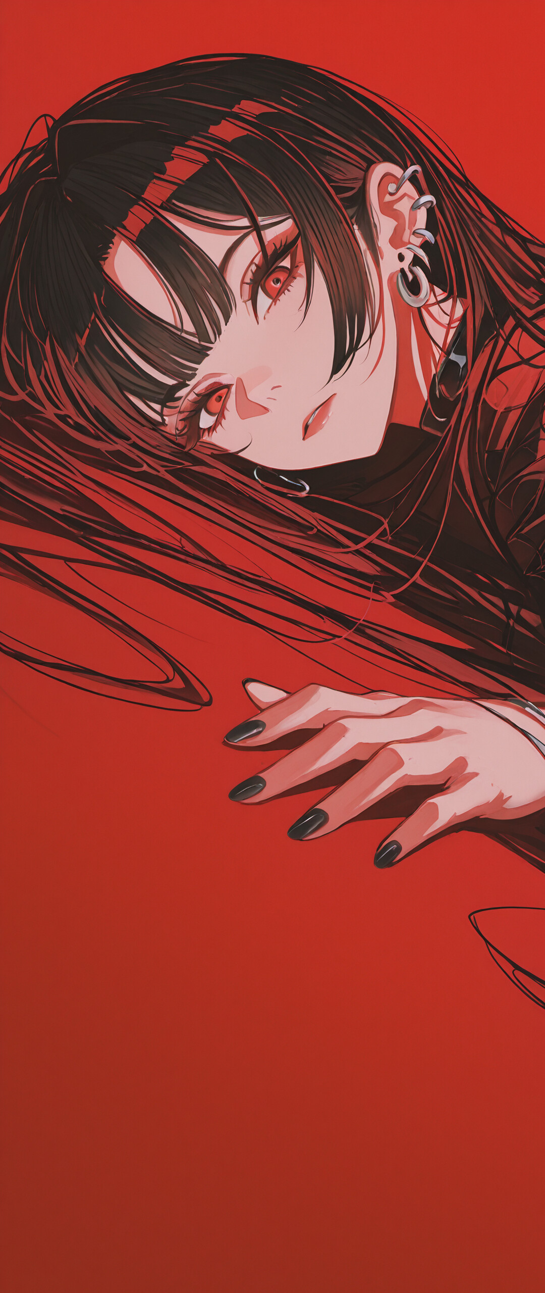 A detailed illustration of Kafka from Honkai: Star Rail with long black hair, black nails, and elegant jewelry, lying against a deep red background.