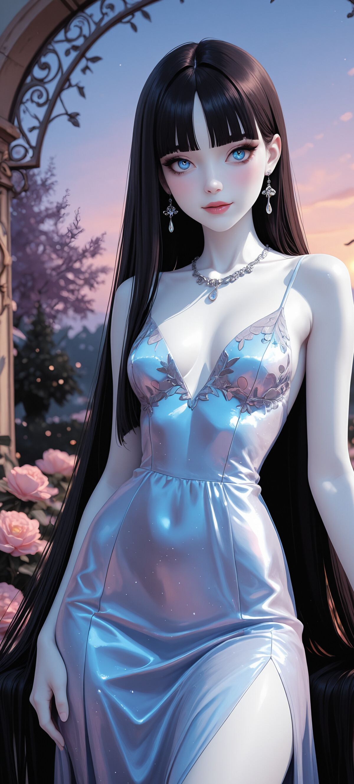 A digital illustration of a young anime-style woman with long black hair and blue eyes, wearing an elegant black jeweled dress and standing in front of an archway with a castle in the background during twilight.